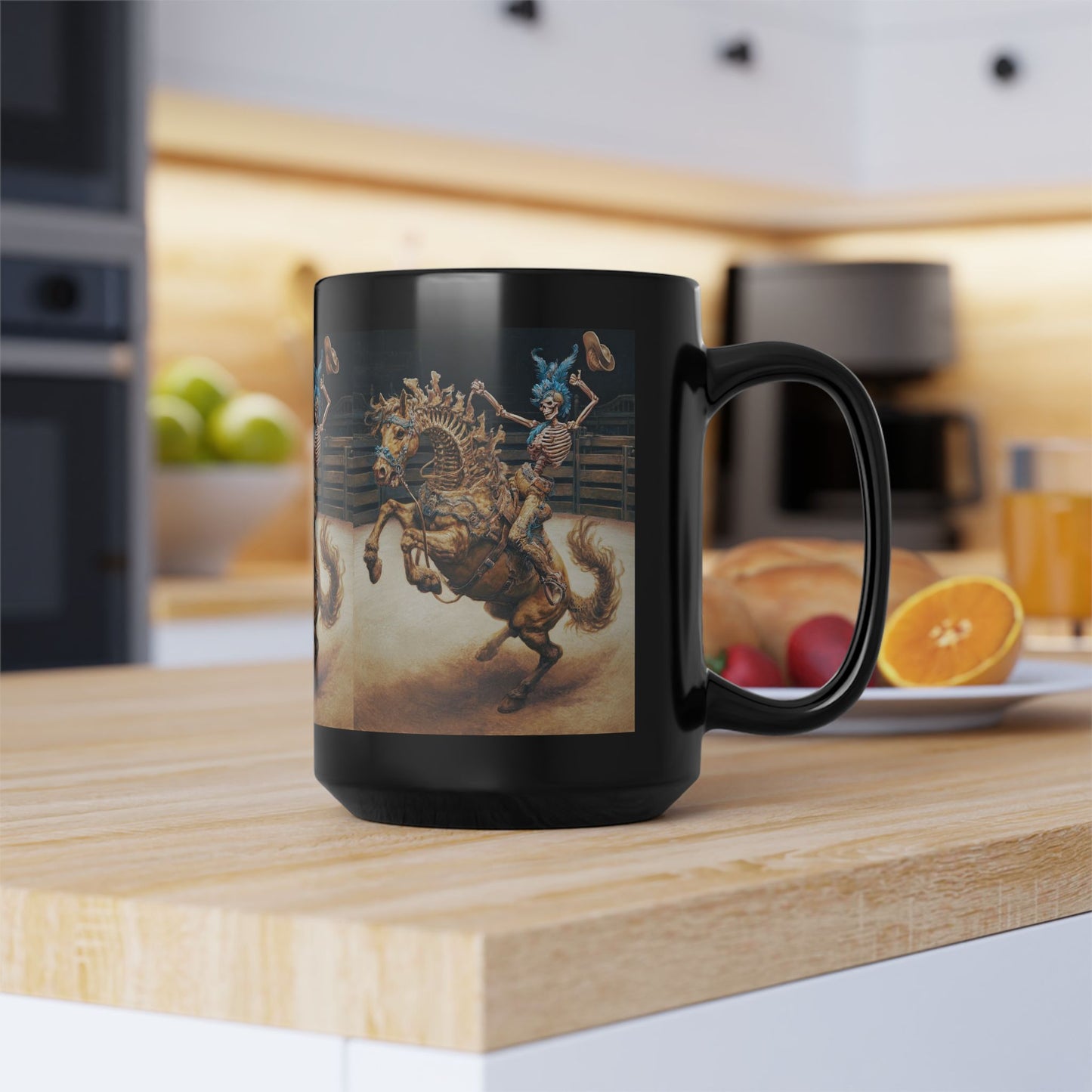 Skeleton Rodeo Bucking Horse Cowboy Mug — 15oz Black Ceramic Coffee Cup