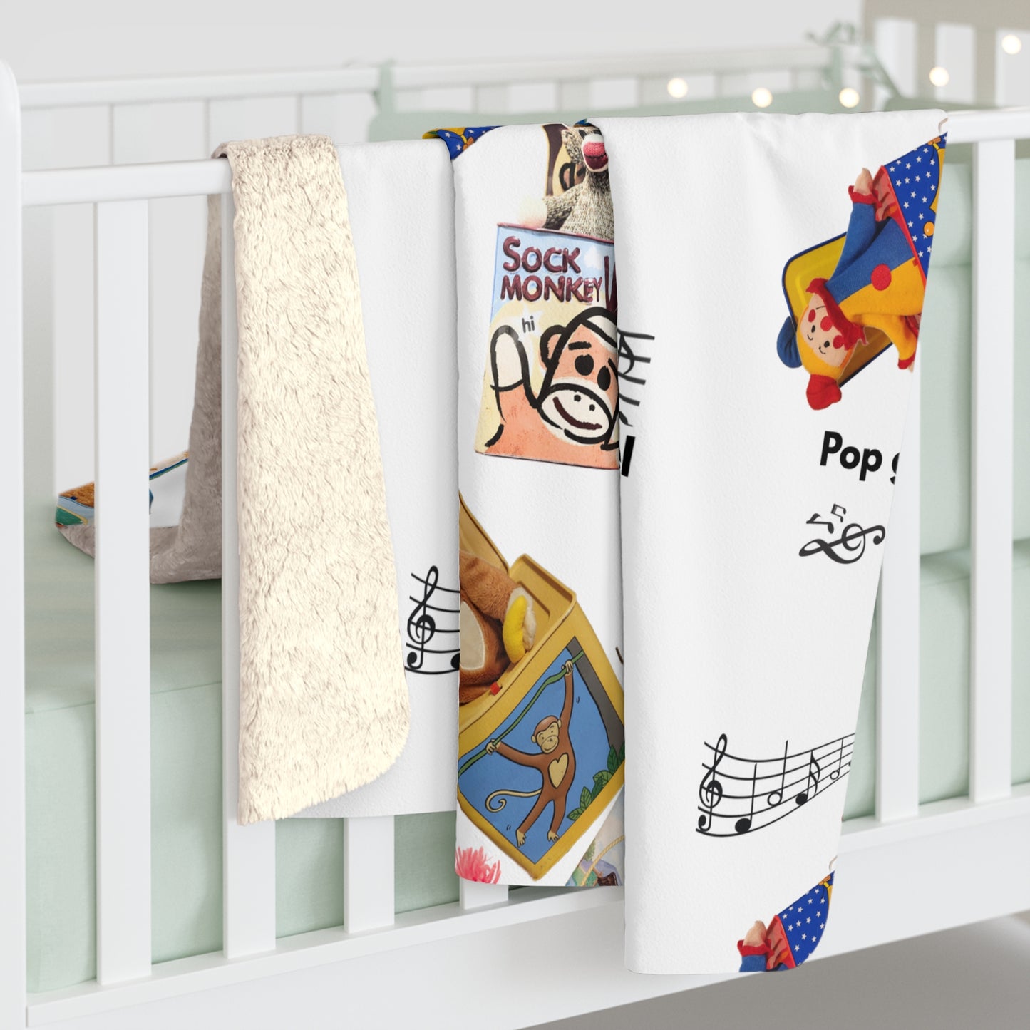 Sherpa Blanket with Playful Pop Goes the Weasel Toy Print — Cozy Kids Nursery Throw