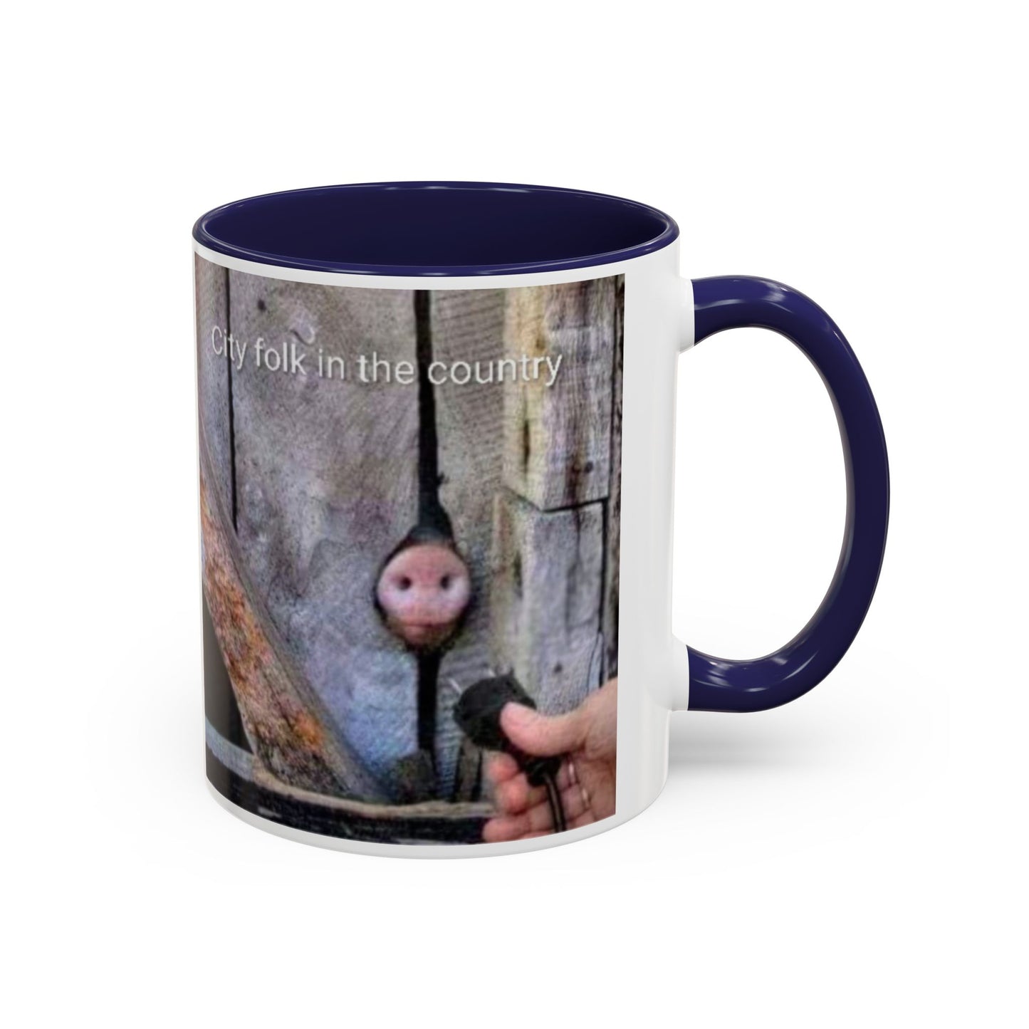 Accent Coffee Mug — “City folk in the country” Rustic Wooden Door Art Mug