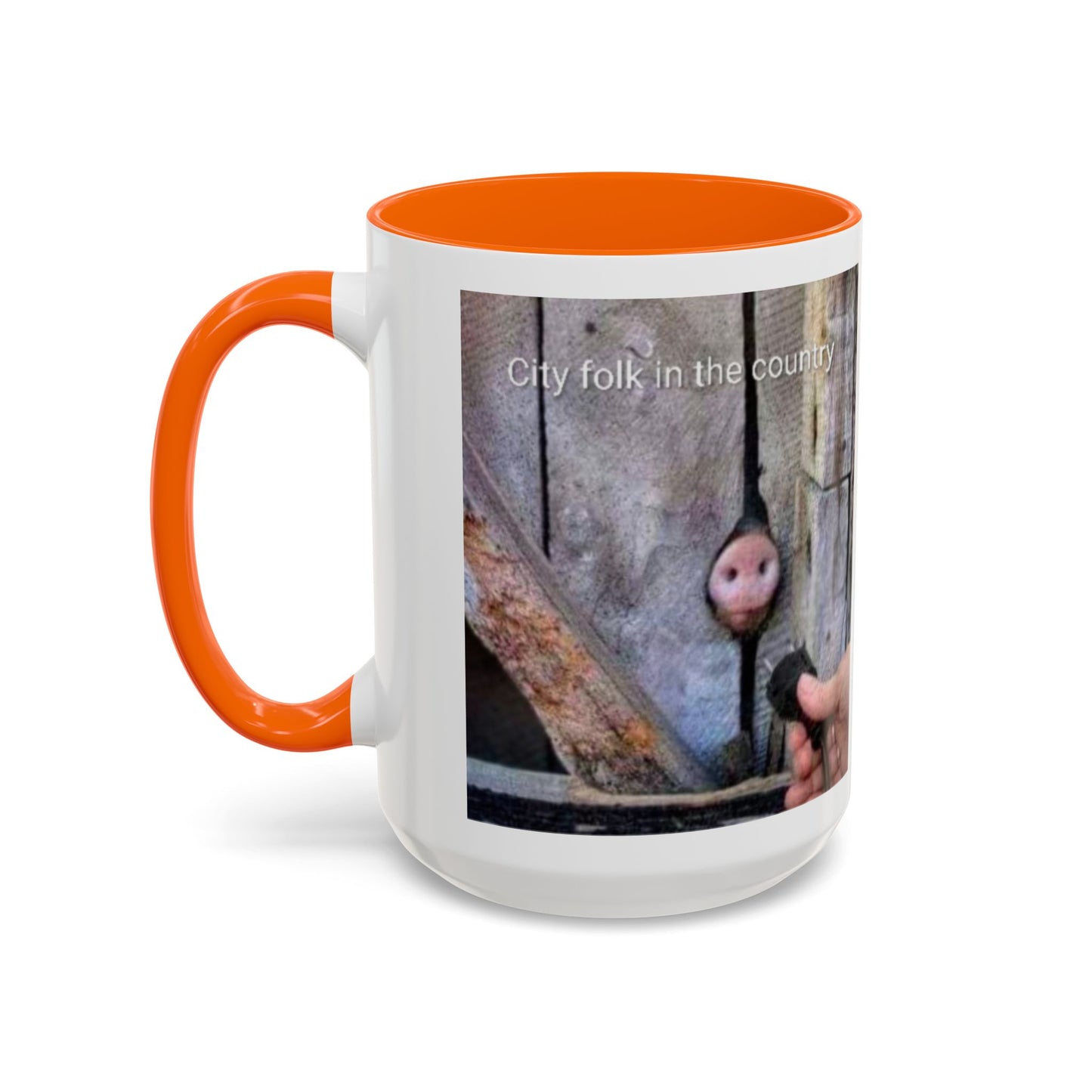 Accent Coffee Mug — “City folk in the country” Rustic Wooden Door Art Mug