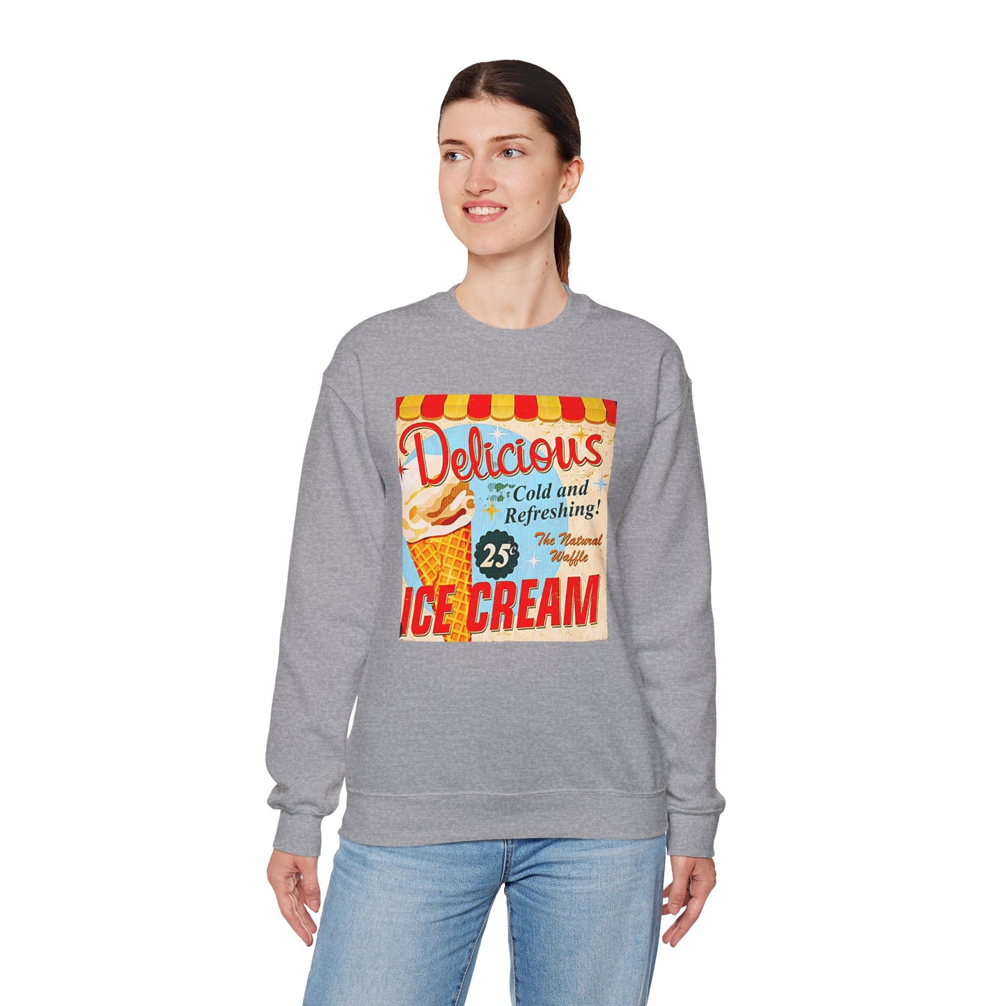Ice Cream Vintage Sign Crewneck Sweatshirt — "Delicious Ice Cream 25" Retro Graphic