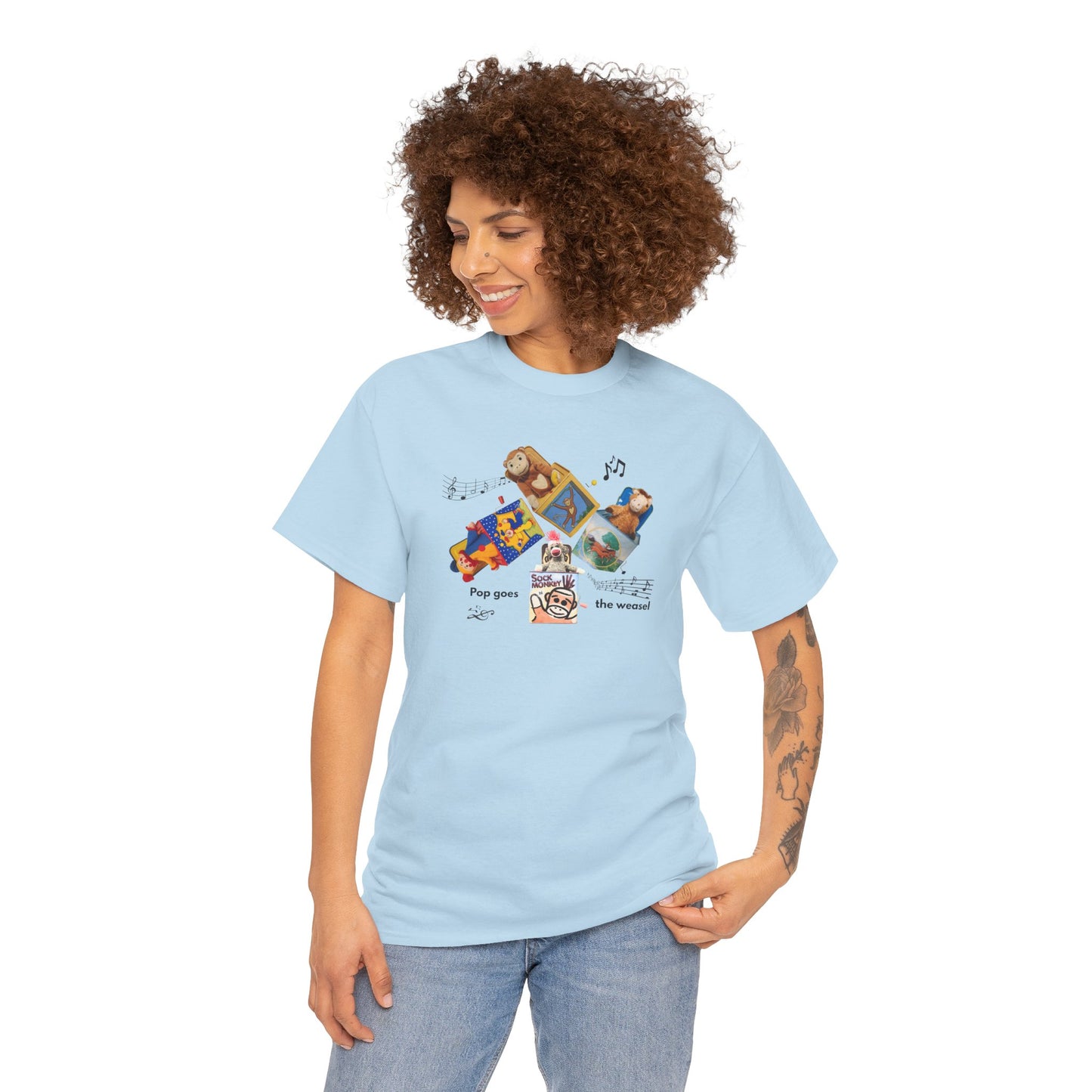 Sock Monkey Collage Tee — 'Pop Goes the Weasel' Retro Dog Music T-Shirt