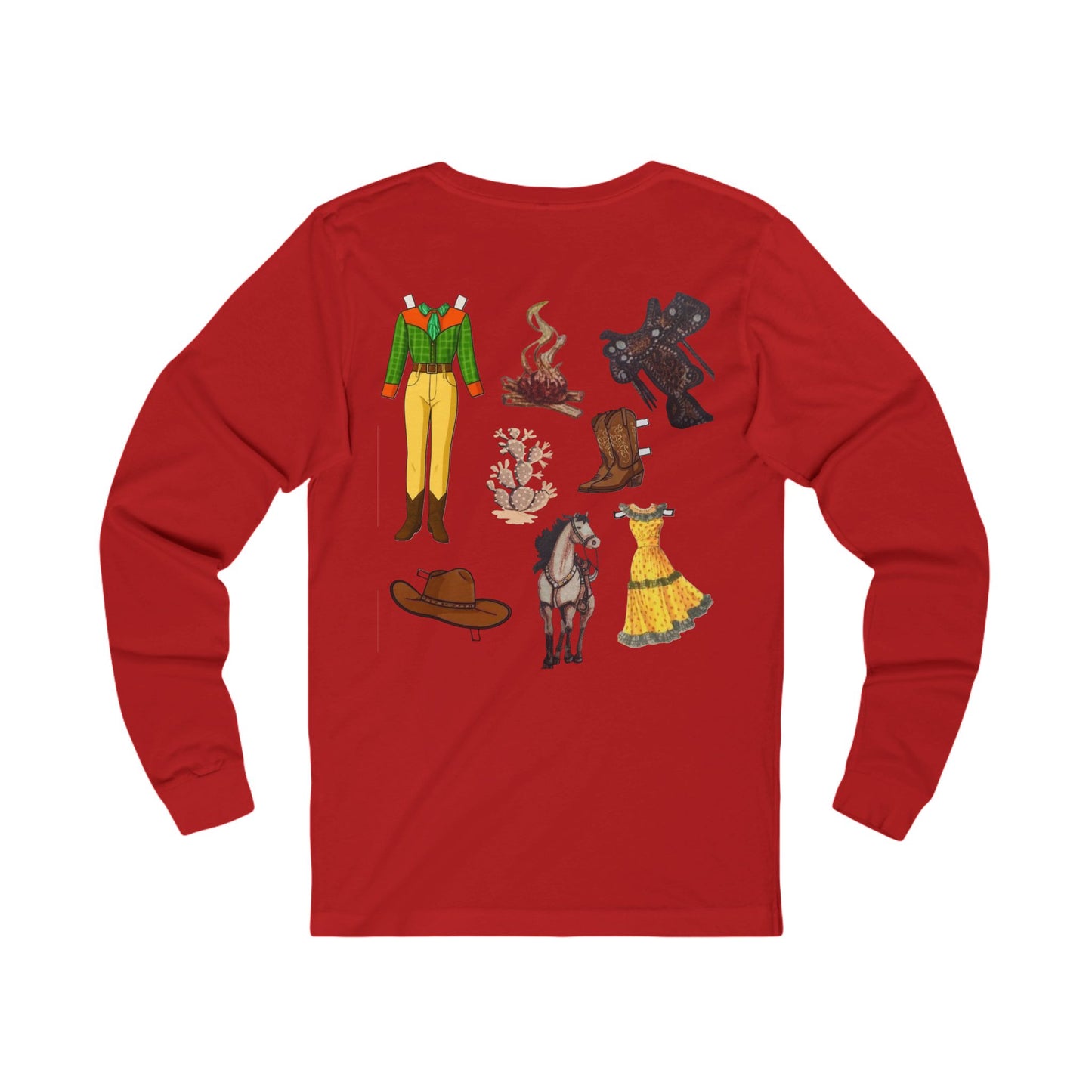 Dude Ranch Paper Doll Cut Out Vintage Western Long Sleeve Tee — Retro Cowboy Paper Doll Design