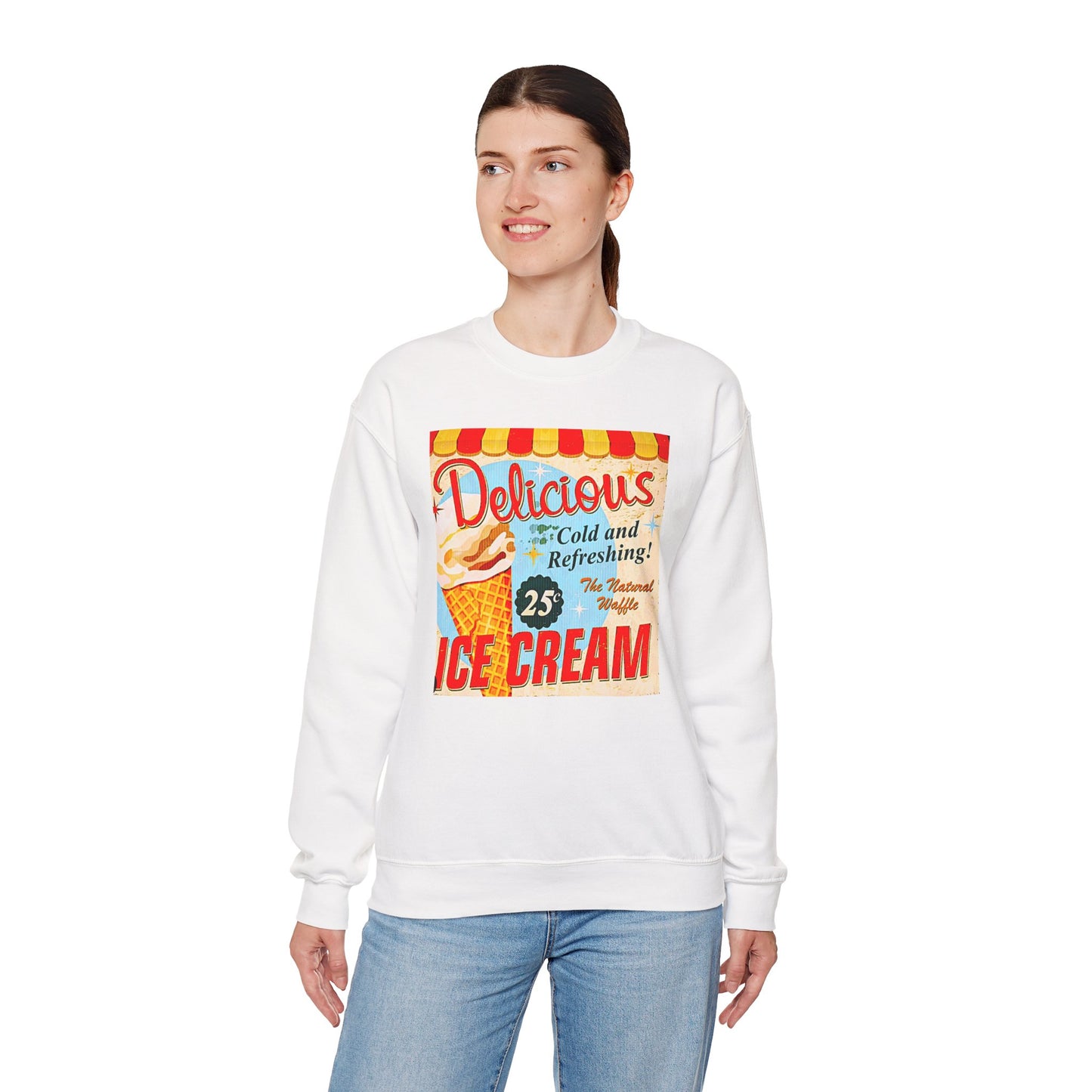 Ice Cream Vintage Sign Crewneck Sweatshirt — "Delicious Ice Cream 25" Retro Graphic