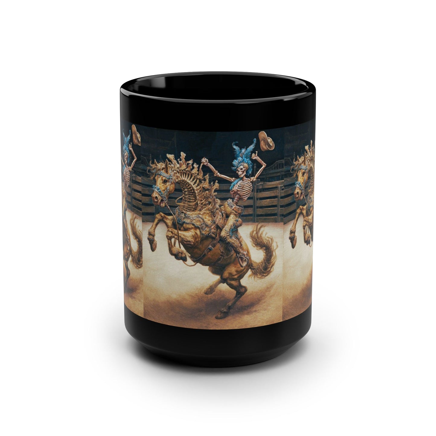 Skeleton Rodeo Bucking Horse Cowboy Mug — 15oz Black Ceramic Coffee Cup