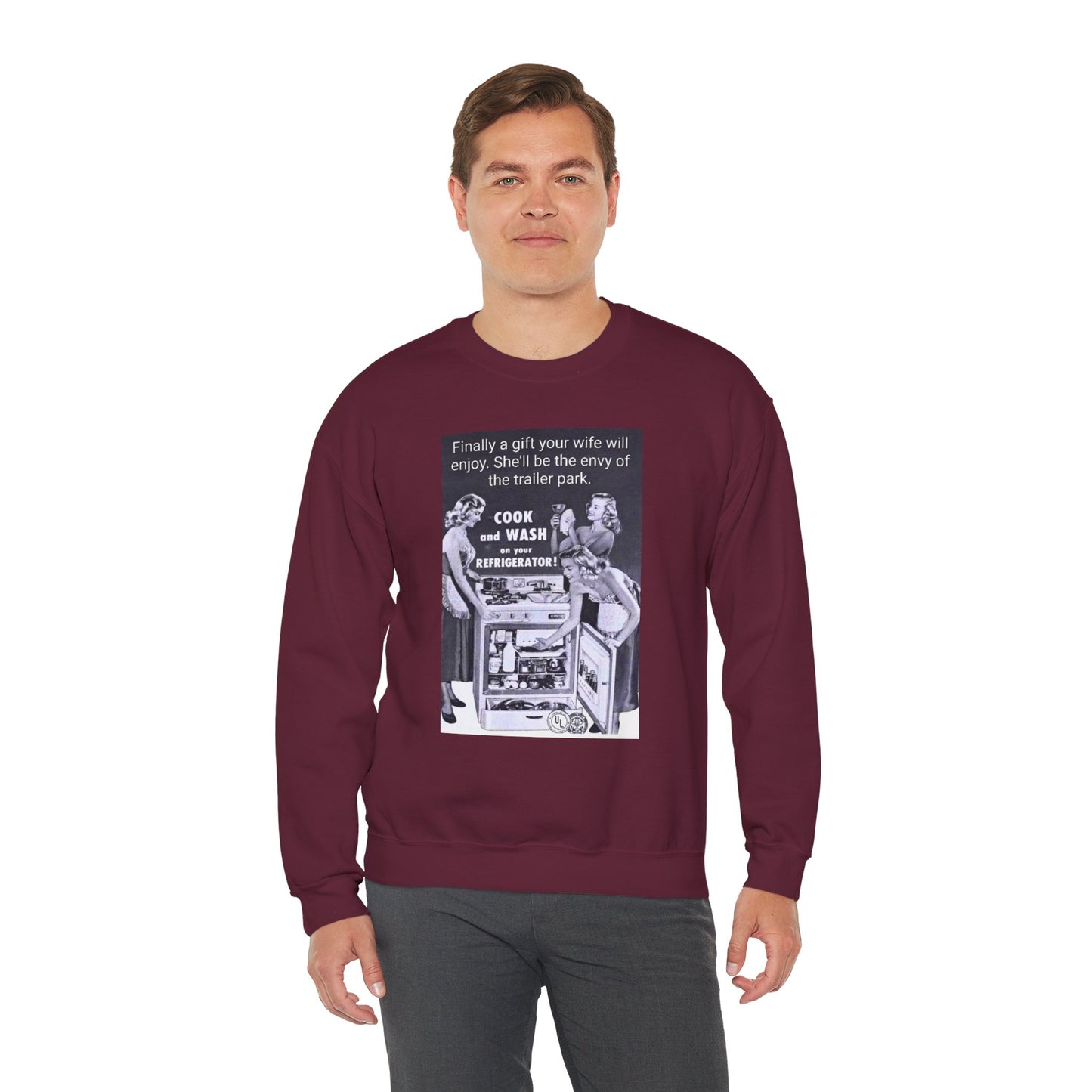 She'll be the envy of the trailer park Vintage Kitchen Ad Sweatshirt - "Cook and Wash Refrigerator" Retro Graphic Crewneck