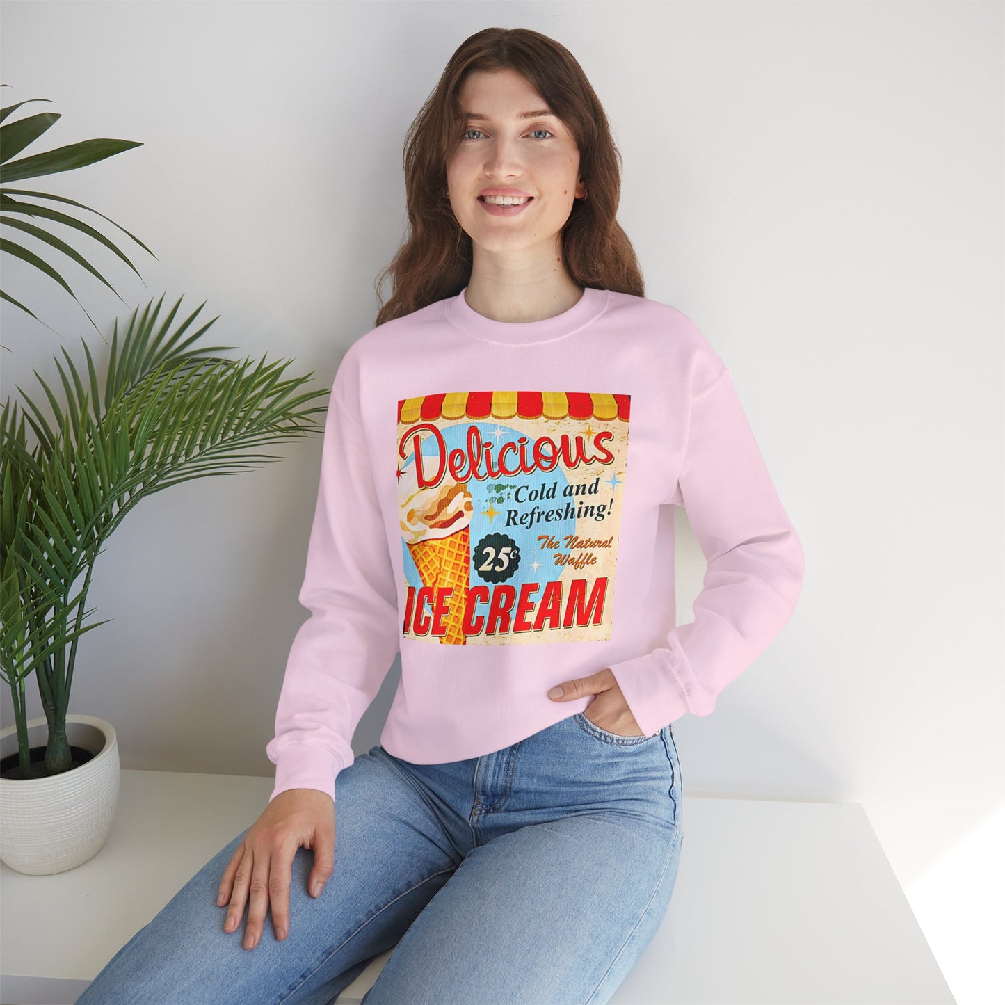 Ice Cream Vintage Sign Crewneck Sweatshirt — "Delicious Ice Cream 25" Retro Graphic