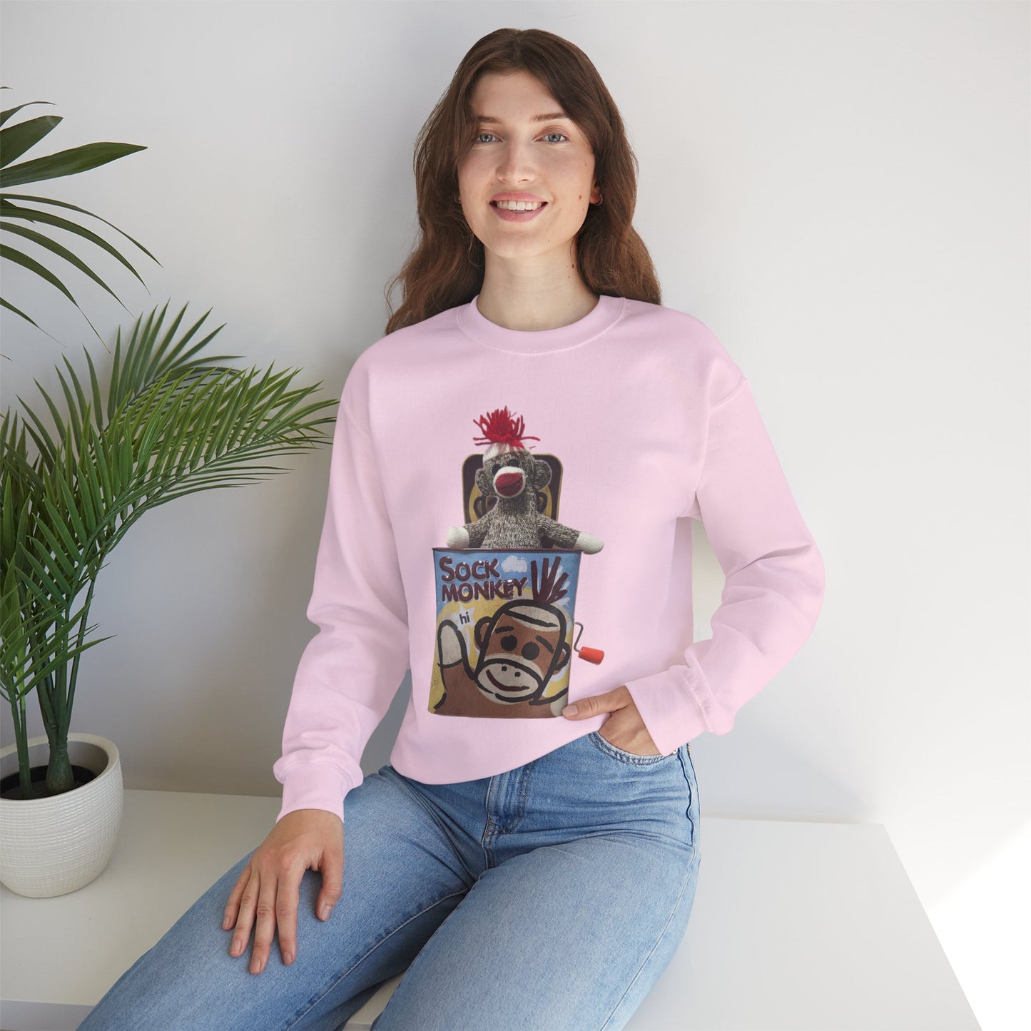 Vintage Sock Monkey Sweatshirt — Retro "Pop Goes the Weasel" Plush Design