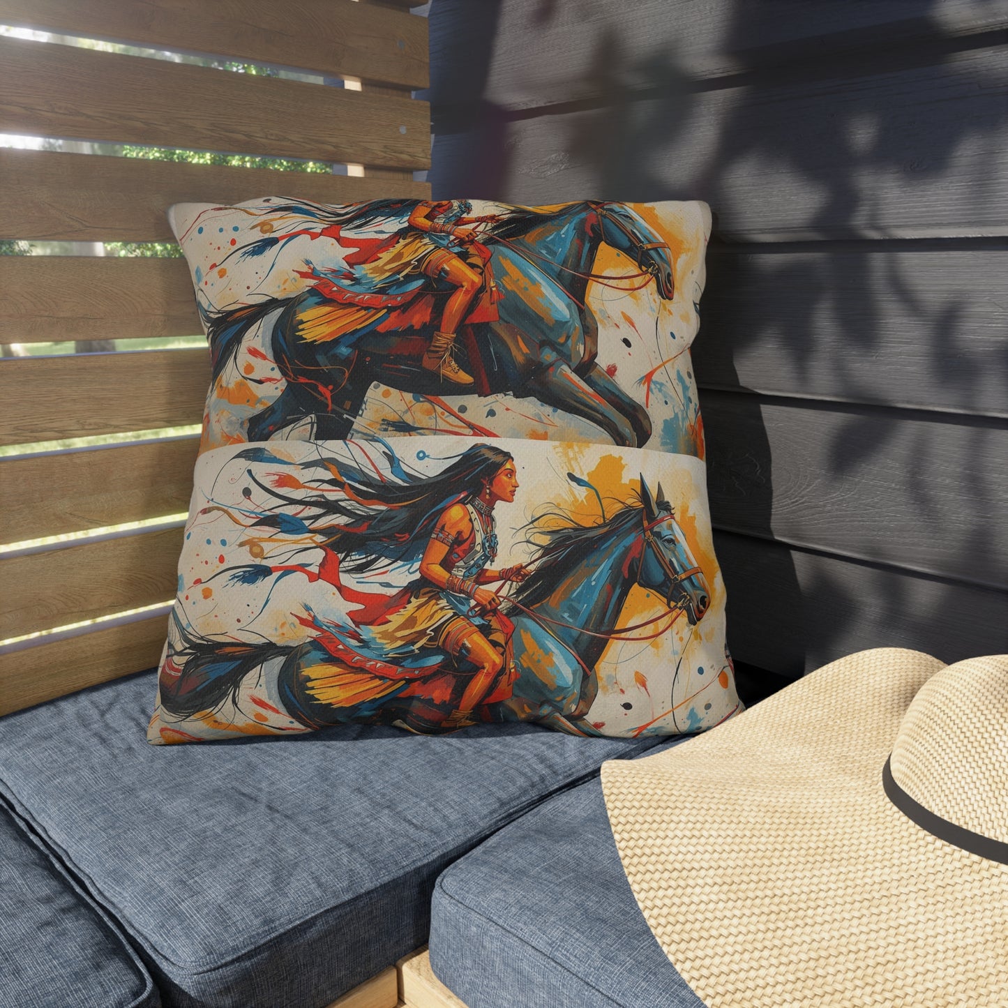 American Native Warrior Horse Outdoor Pillow — Colorful Western Accent Cushion