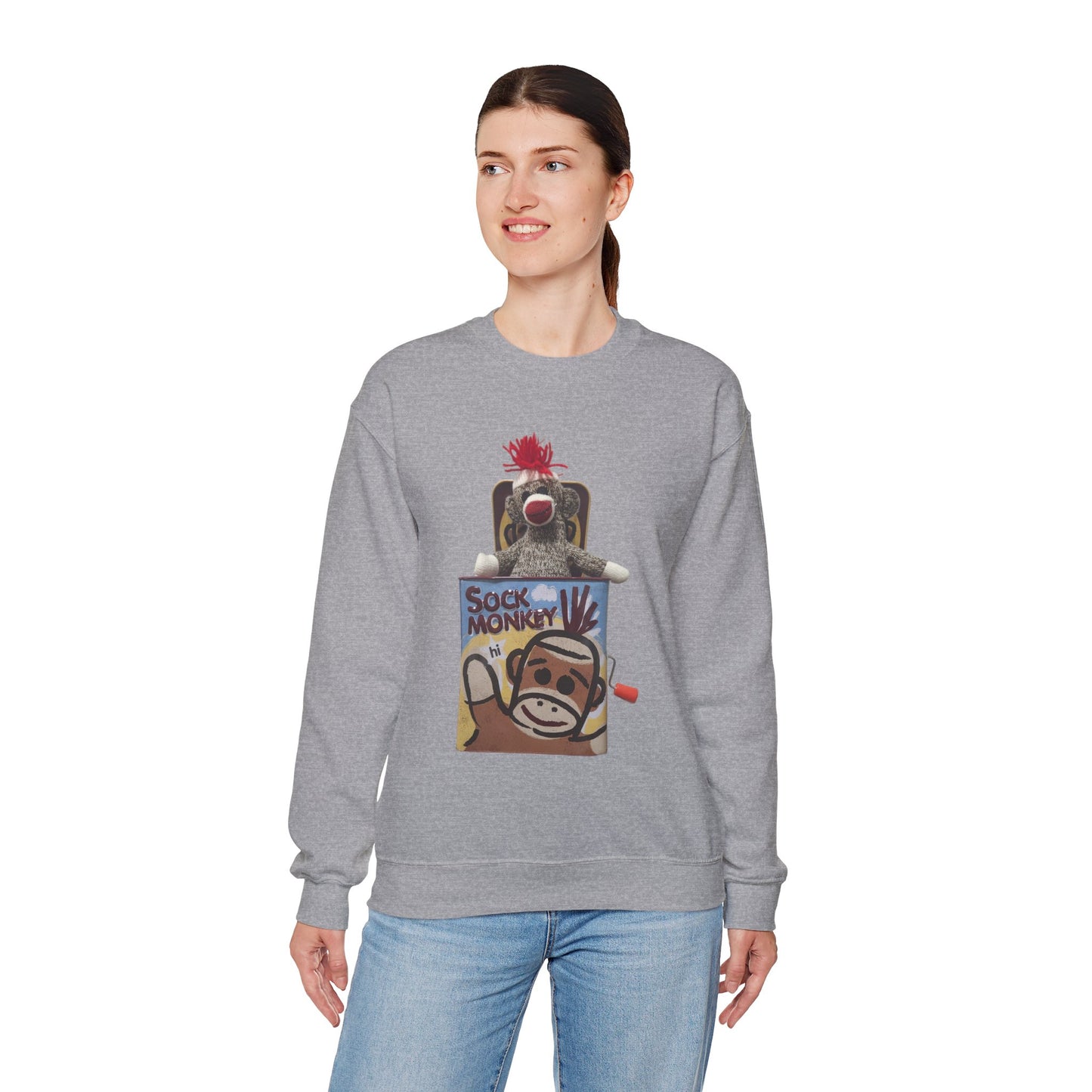 Vintage Sock Monkey Sweatshirt — Retro "Pop Goes the Weasel" Plush Design