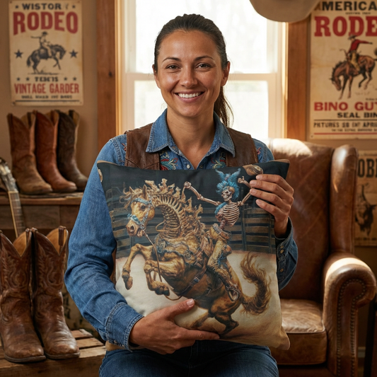 Skeleton Bucking Horse Cowboy Outdoor Pillow | Western Skull Rodeo Throw Pillow
