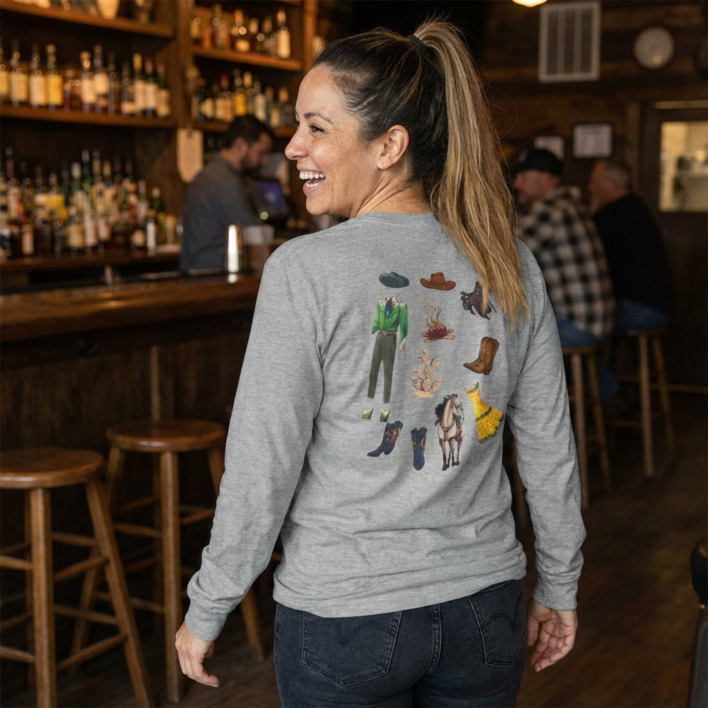 Dude Ranch Paper Doll Cut Out Vintage Western Long Sleeve Tee — Retro Cowboy Paper Doll Design