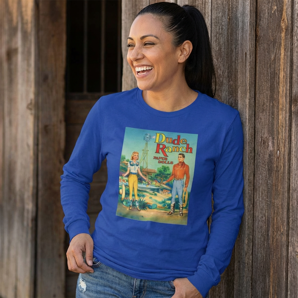 Dude Ranch Paper Doll Cut Out Vintage Western Long Sleeve Tee — Retro Cowboy Paper Doll Design
