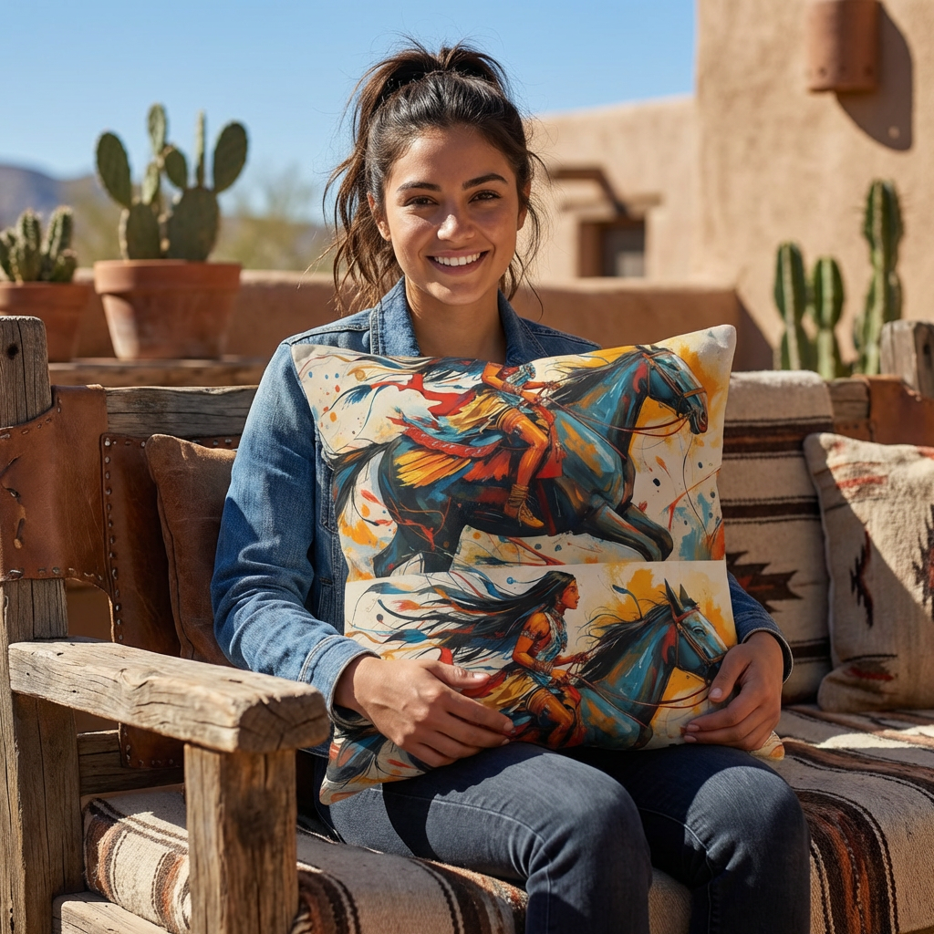 American Native Warrior Horse Outdoor Pillow — Colorful Western Accent Cushion