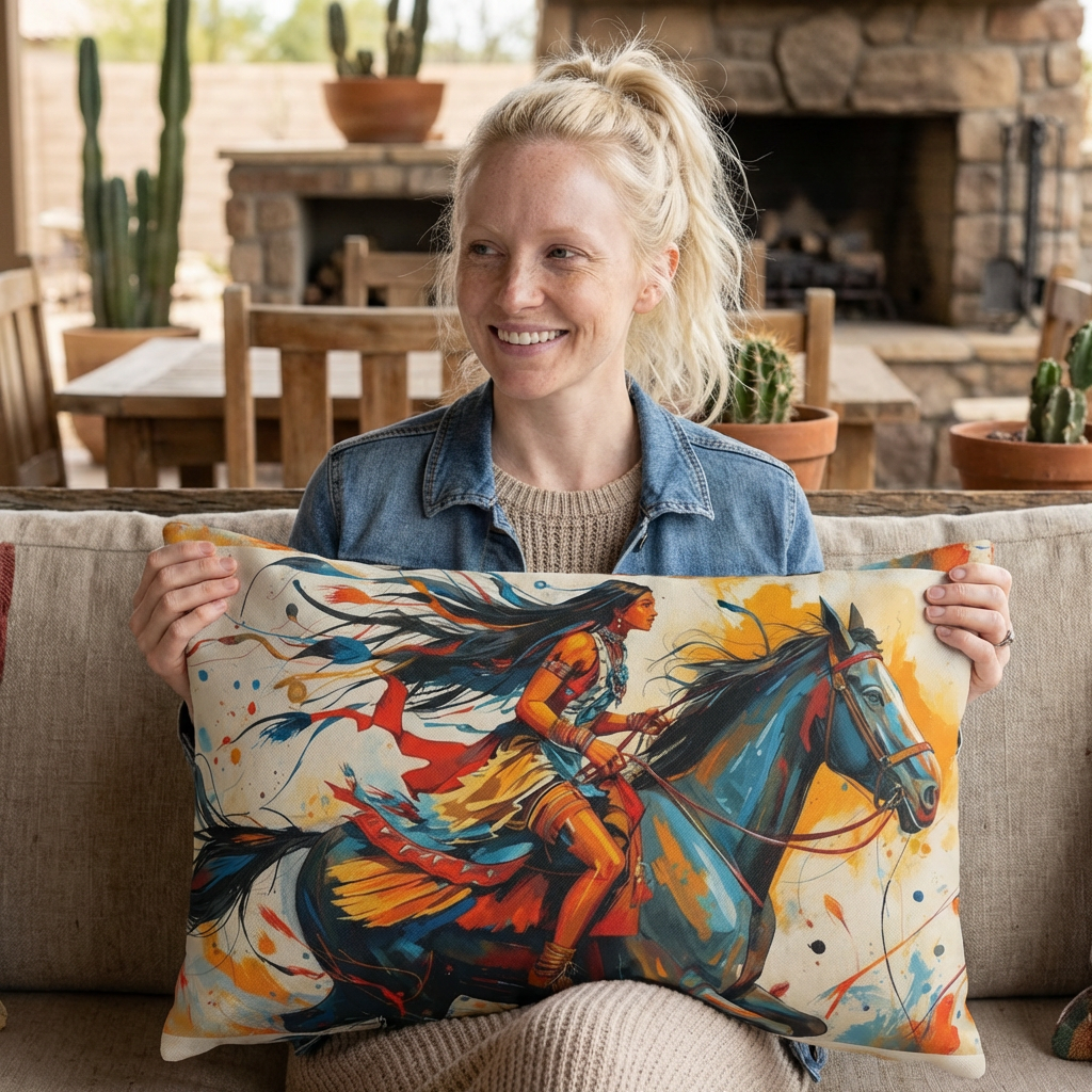 American Native Warrior Horse Outdoor Pillow — Colorful Western Accent Cushion
