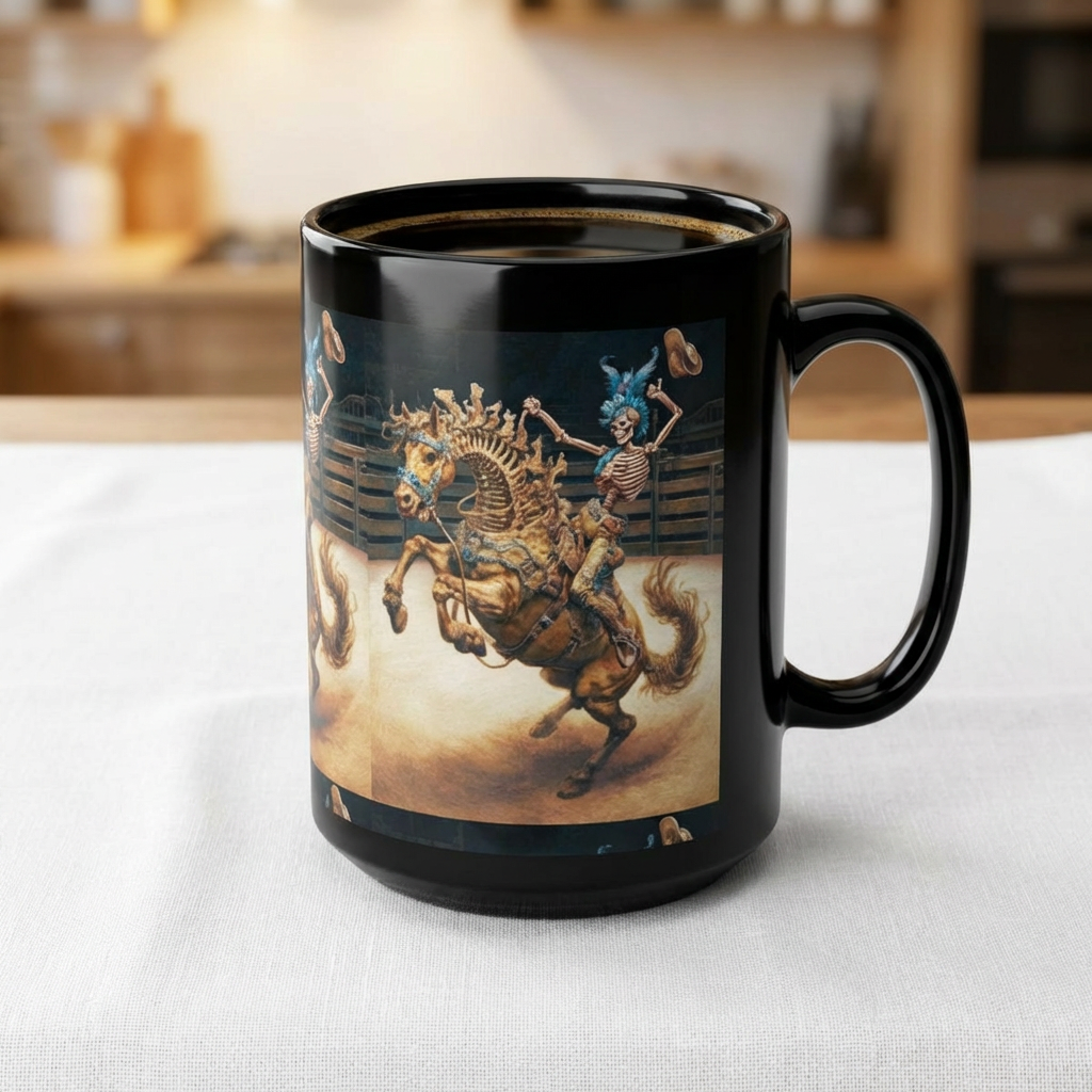 Skeleton Rodeo Bucking Horse Cowboy Mug — 15oz Black Ceramic Coffee Cup