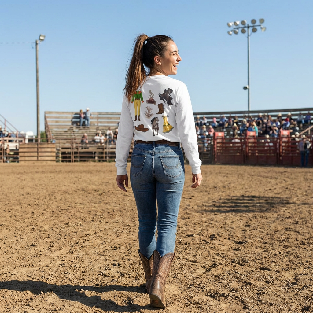 Dude Ranch Paper Doll Cut Out Vintage Western Long Sleeve Tee — Retro Cowboy Paper Doll Design