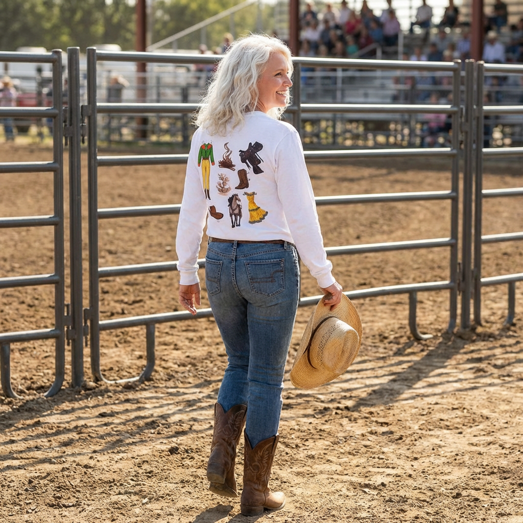 Dude Ranch Paper Doll Cut Out Vintage Western Long Sleeve Tee — Retro Cowboy Paper Doll Design