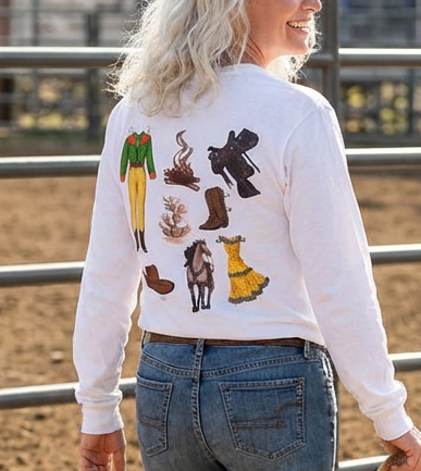 Dude Ranch Paper Doll Cut Out Vintage Western Long Sleeve Tee — Retro Cowboy Paper Doll Design