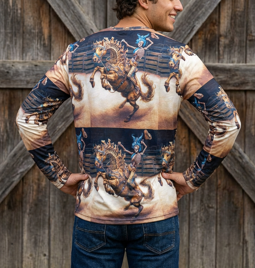Skeleton Ro deo Bucking Horse and Cowboy Long Sleeve Shirt