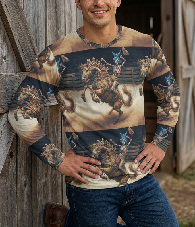 Skeleton Ro deo Bucking Horse and Cowboy Long Sleeve Shirt