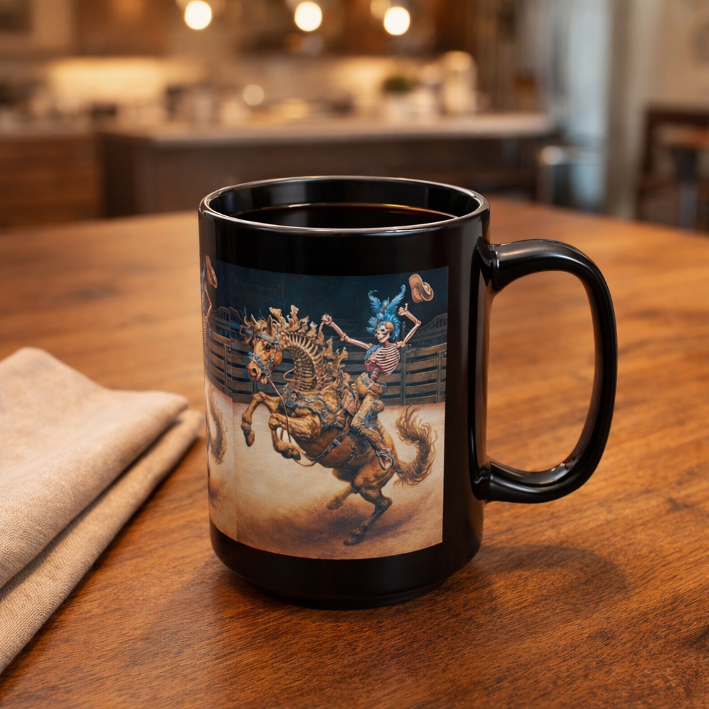 Skeleton Rodeo Bucking Horse Cowboy Mug — 15oz Black Ceramic Coffee Cup