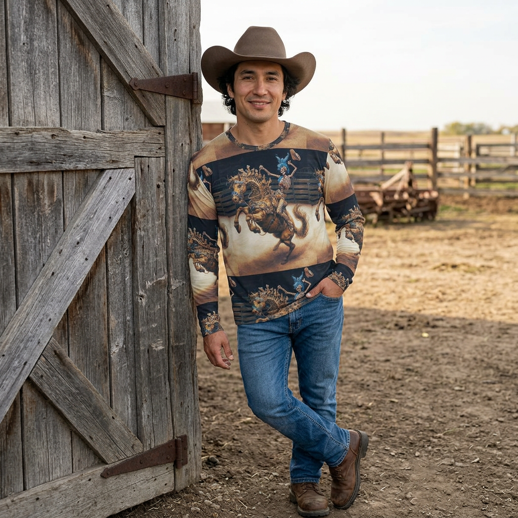 Skeleton Ro deo Bucking Horse and Cowboy Long Sleeve Shirt