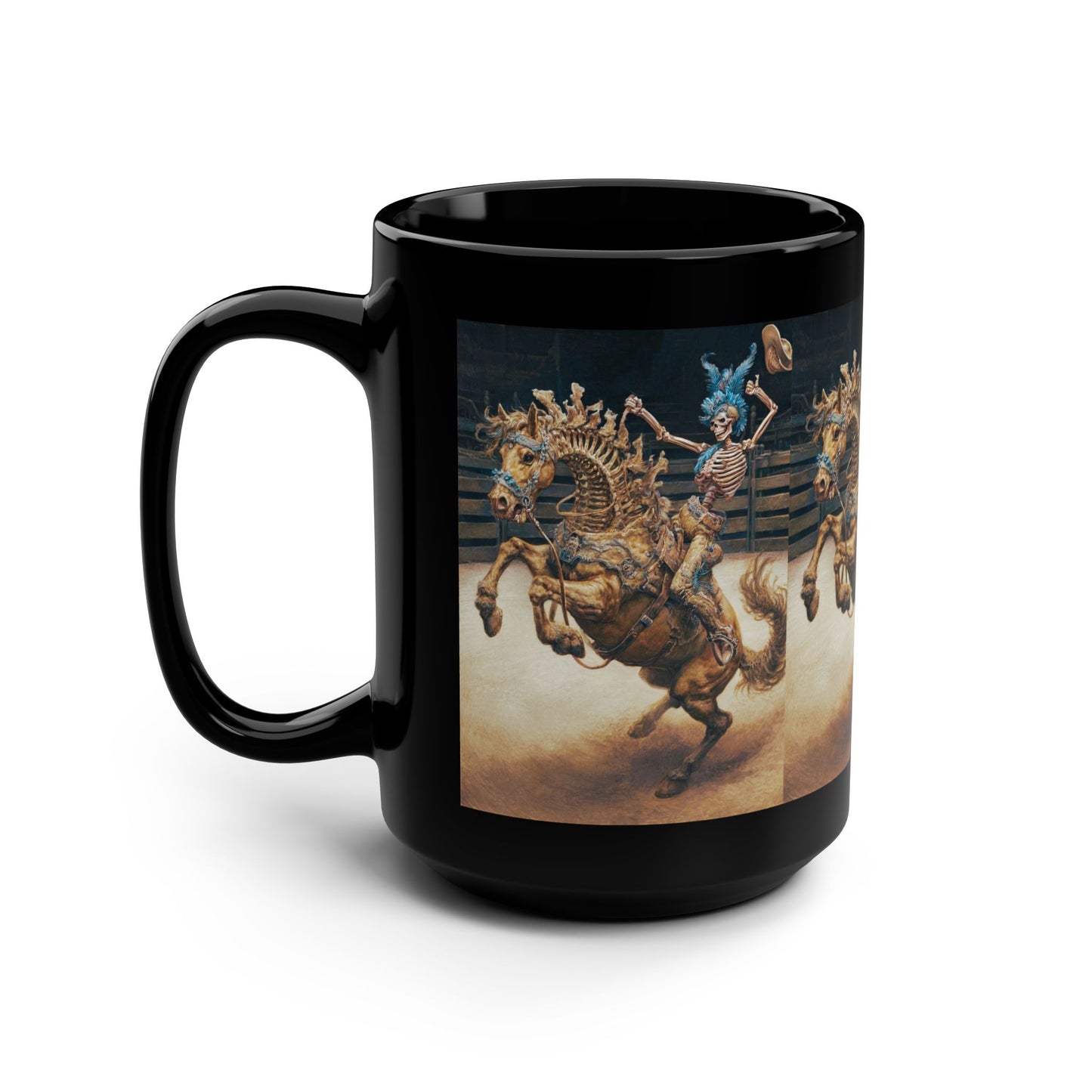 Skeleton Rodeo Bucking Horse Cowboy Mug — 15oz Black Ceramic Coffee Cup