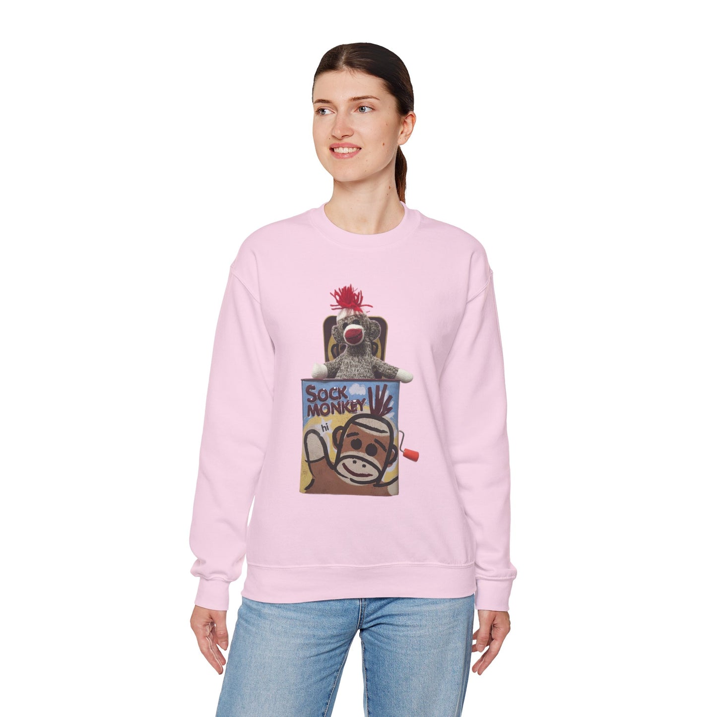 Vintage Sock Monkey Sweatshirt — Retro "Pop Goes the Weasel" Plush Design