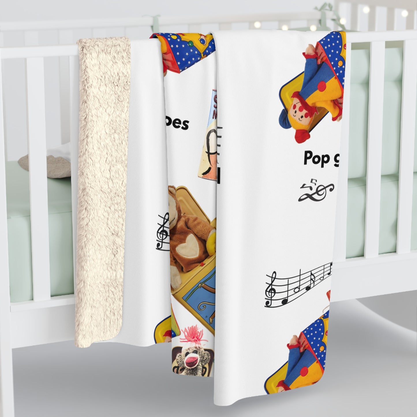 Sherpa Blanket with Playful Pop Goes the Weasel Toy Print — Cozy Kids Nursery Throw
