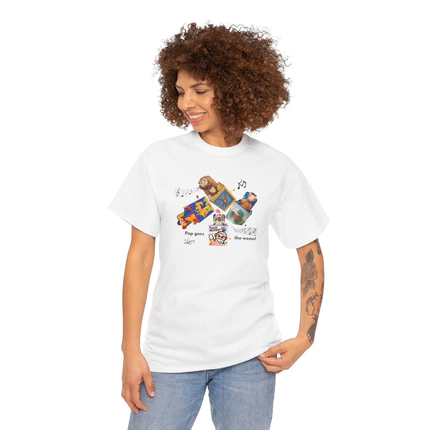 Sock Monkey Collage Tee — 'Pop Goes the Weasel' Retro Dog Music T-Shirt