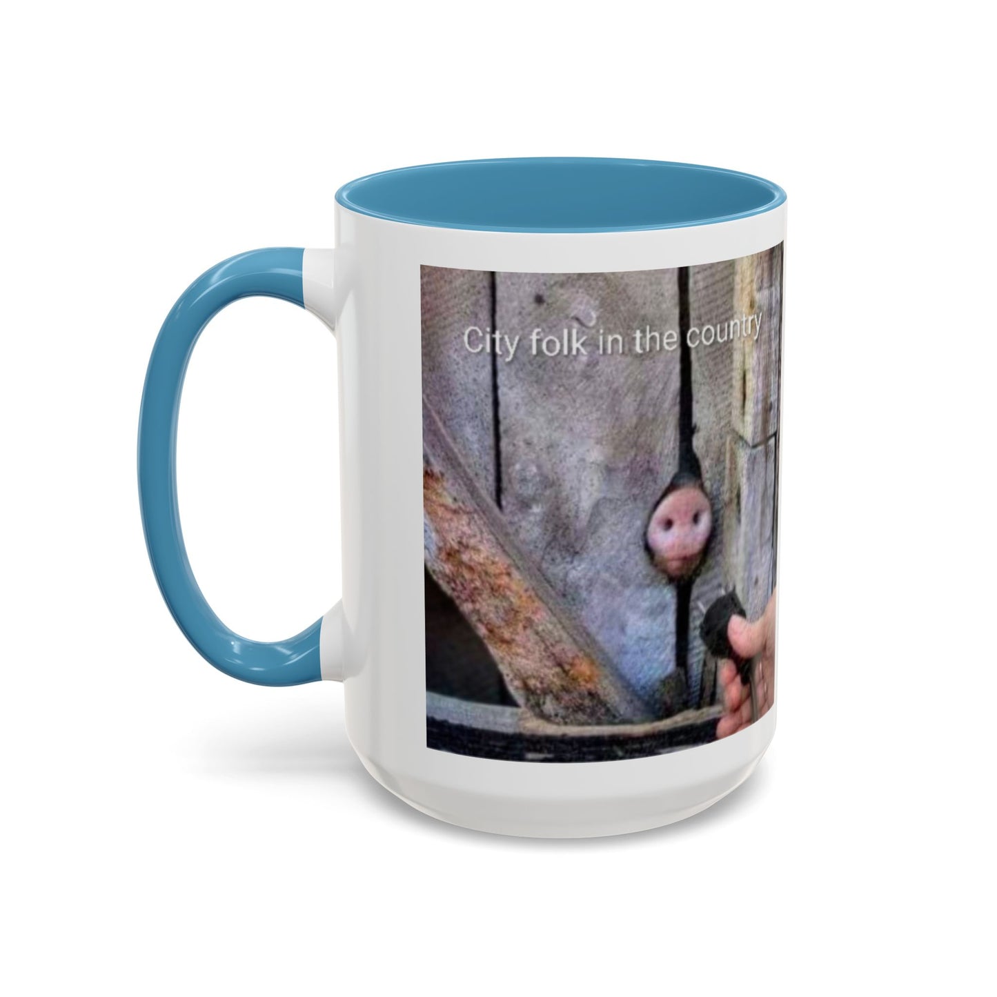 Accent Coffee Mug — “City folk in the country” Rustic Wooden Door Art Mug