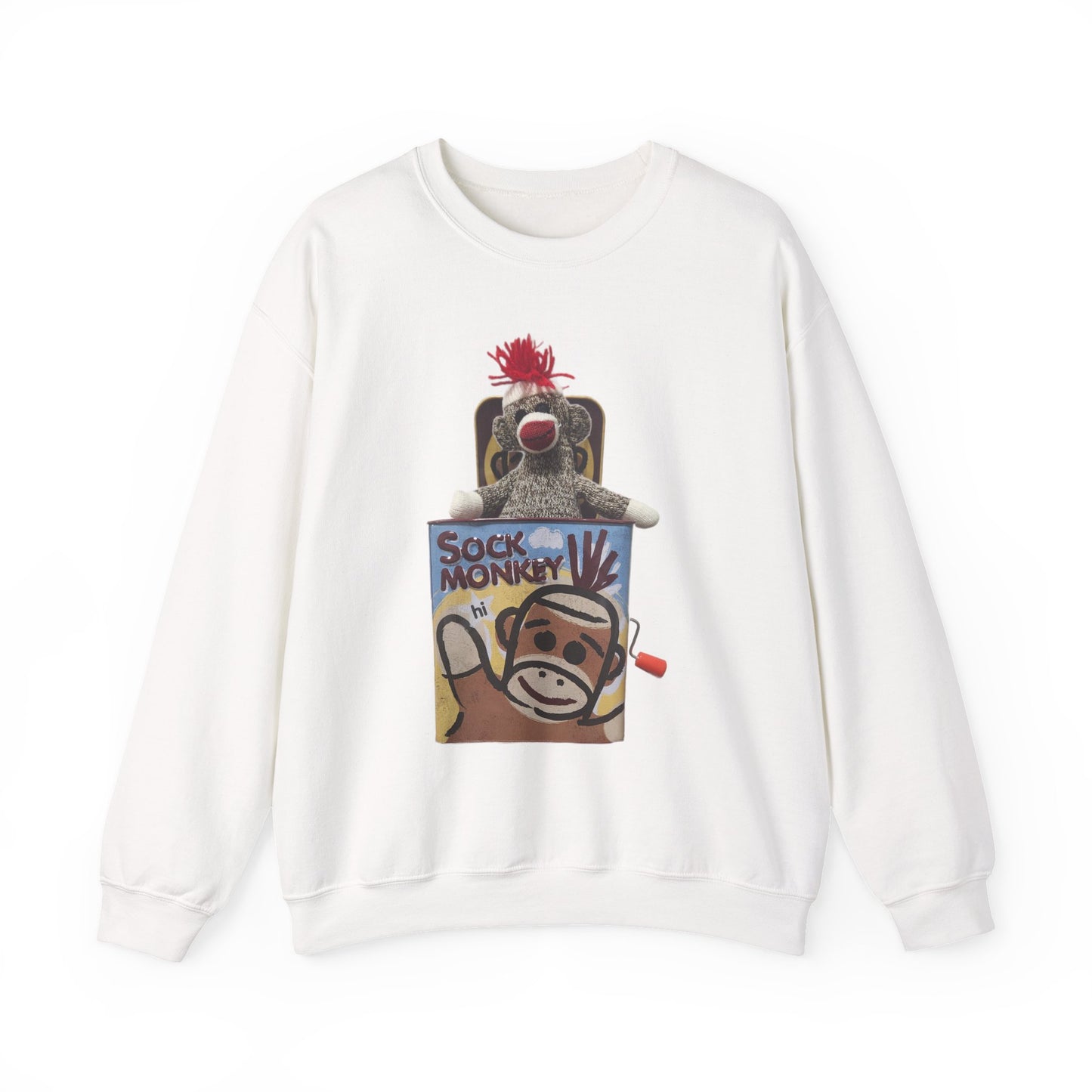 Vintage Sock Monkey Sweatshirt — Retro "Pop Goes the Weasel" Plush Design