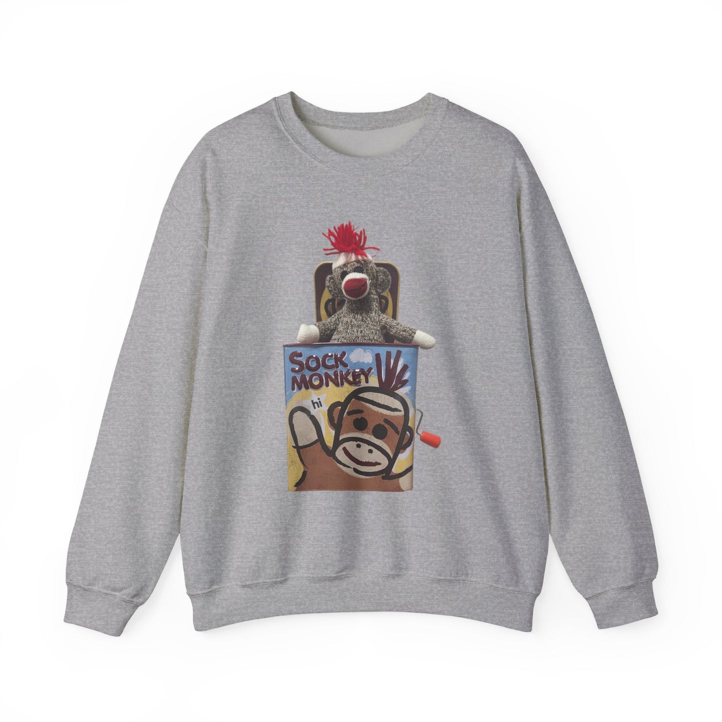 Vintage Sock Monkey Sweatshirt — Retro "Pop Goes the Weasel" Plush Design