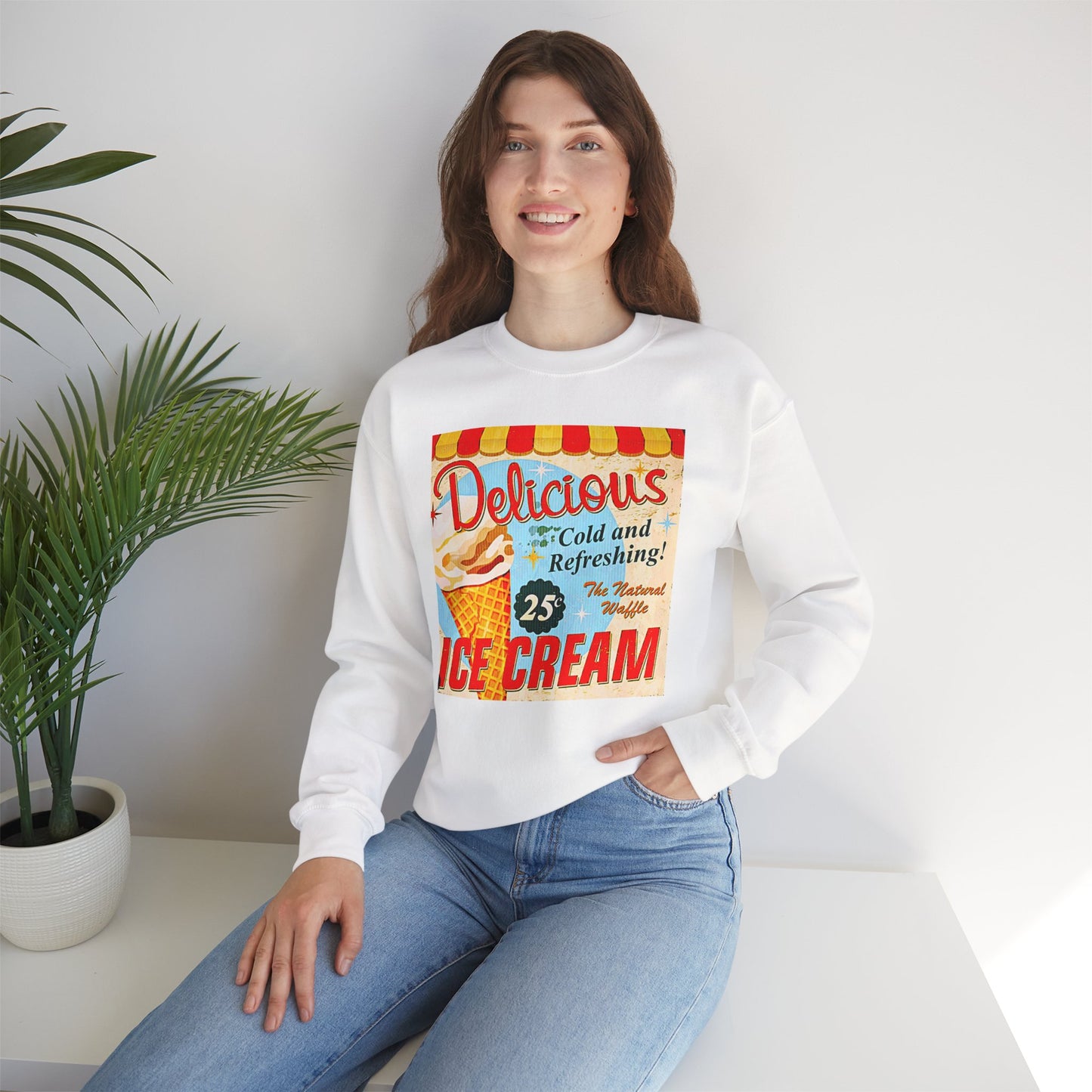 Ice Cream Vintage Sign Crewneck Sweatshirt — "Delicious Ice Cream 25" Retro Graphic