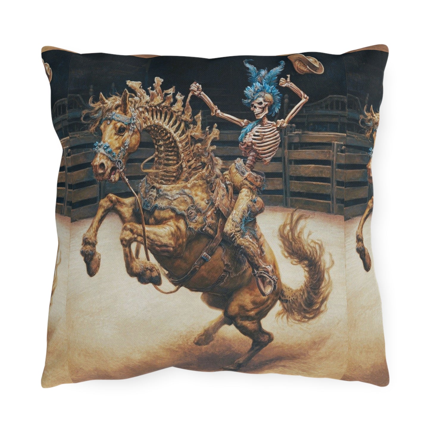 Skeleton Bucking Horse Cowboy Outdoor Pillow | Western Skull Rodeo Throw Pillow