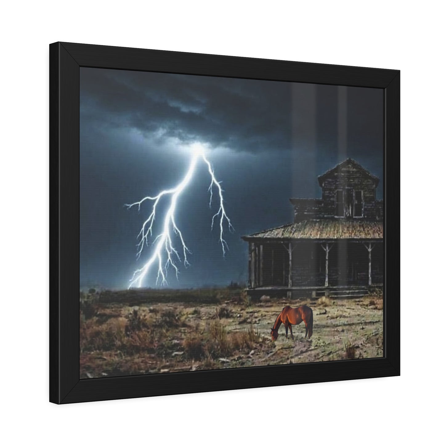Framed Poster  Lone Horse & Abandoned House Lightning Plains