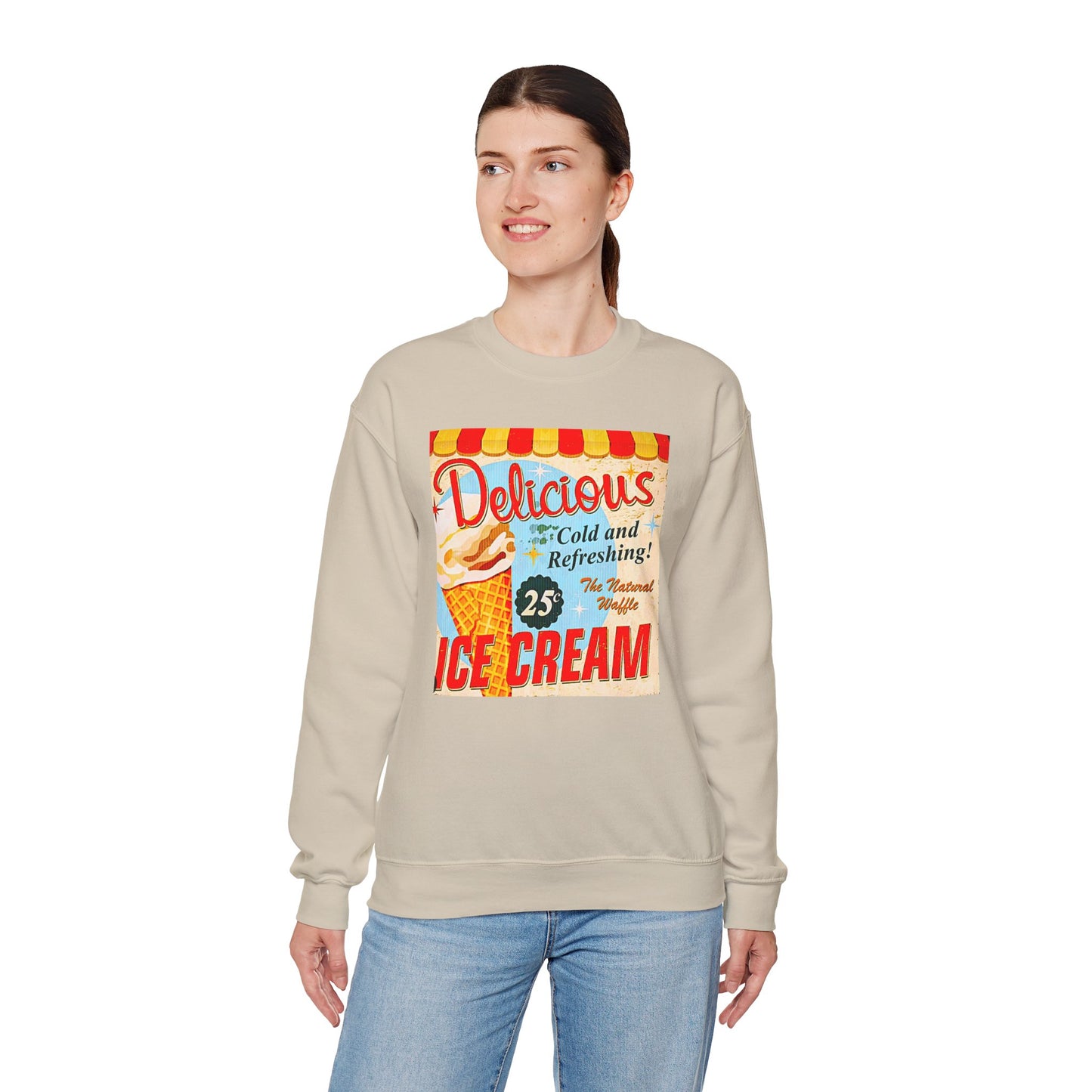 Ice Cream Vintage Sign Crewneck Sweatshirt — "Delicious Ice Cream 25" Retro Graphic