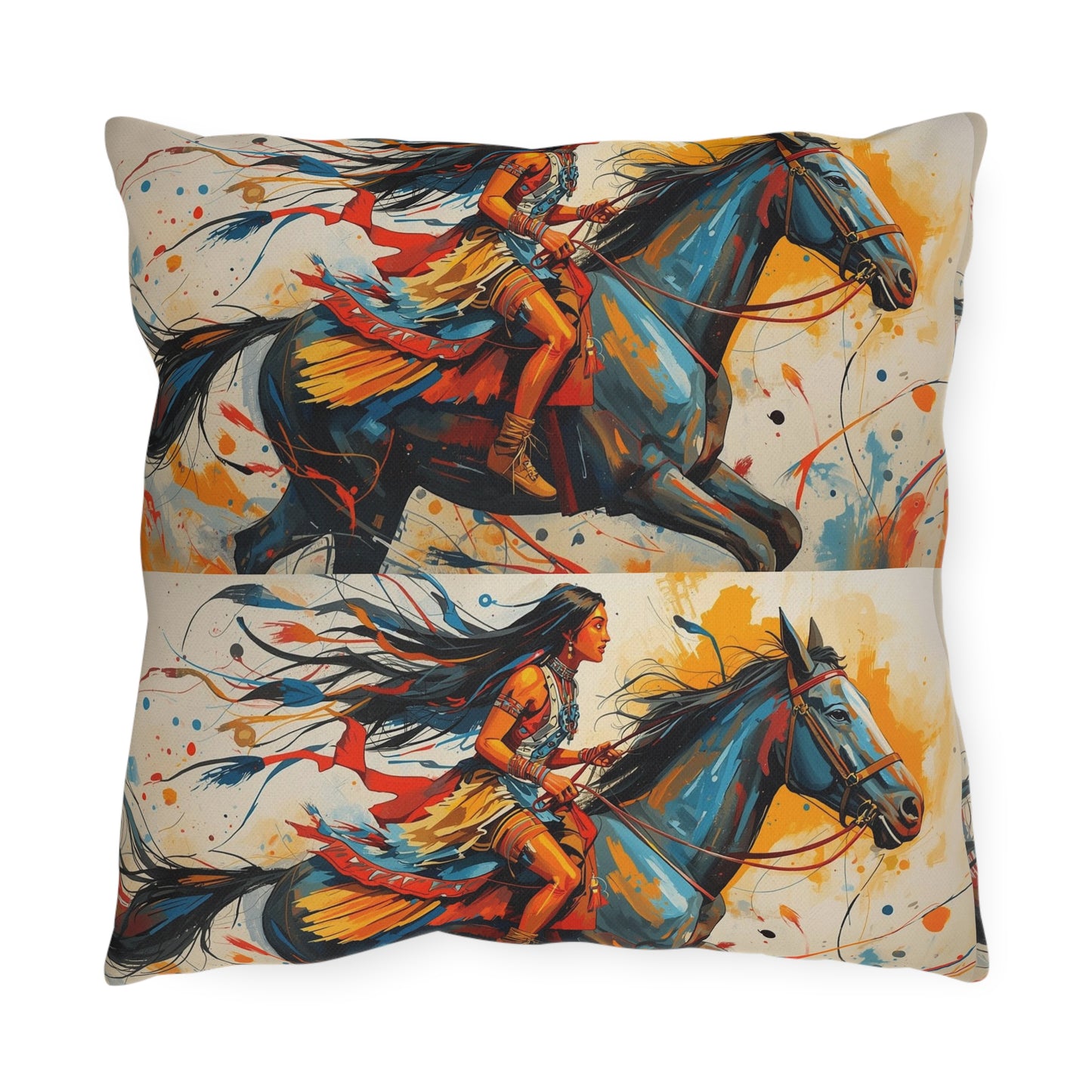 American Native Warrior Horse Outdoor Pillow — Colorful Western Accent Cushion