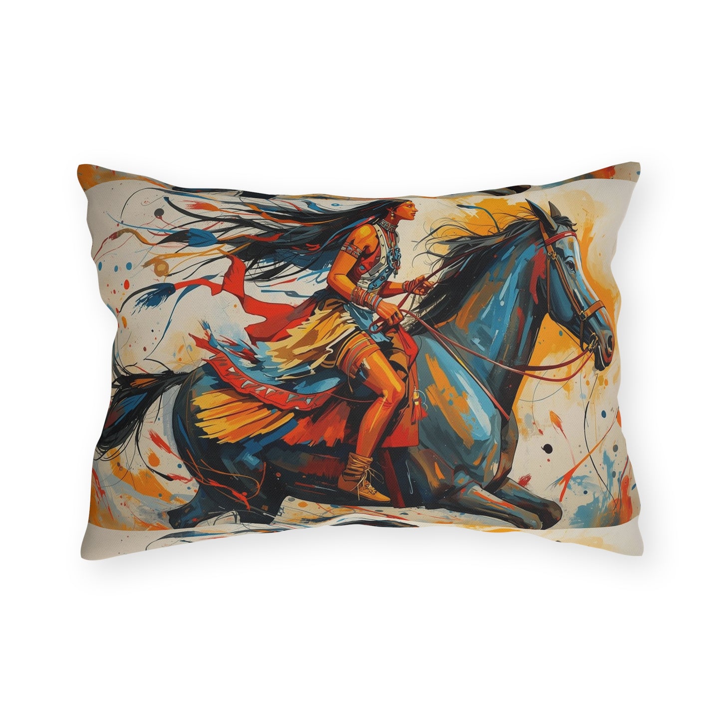 American Native Warrior Horse Outdoor Pillow — Colorful Western Accent Cushion