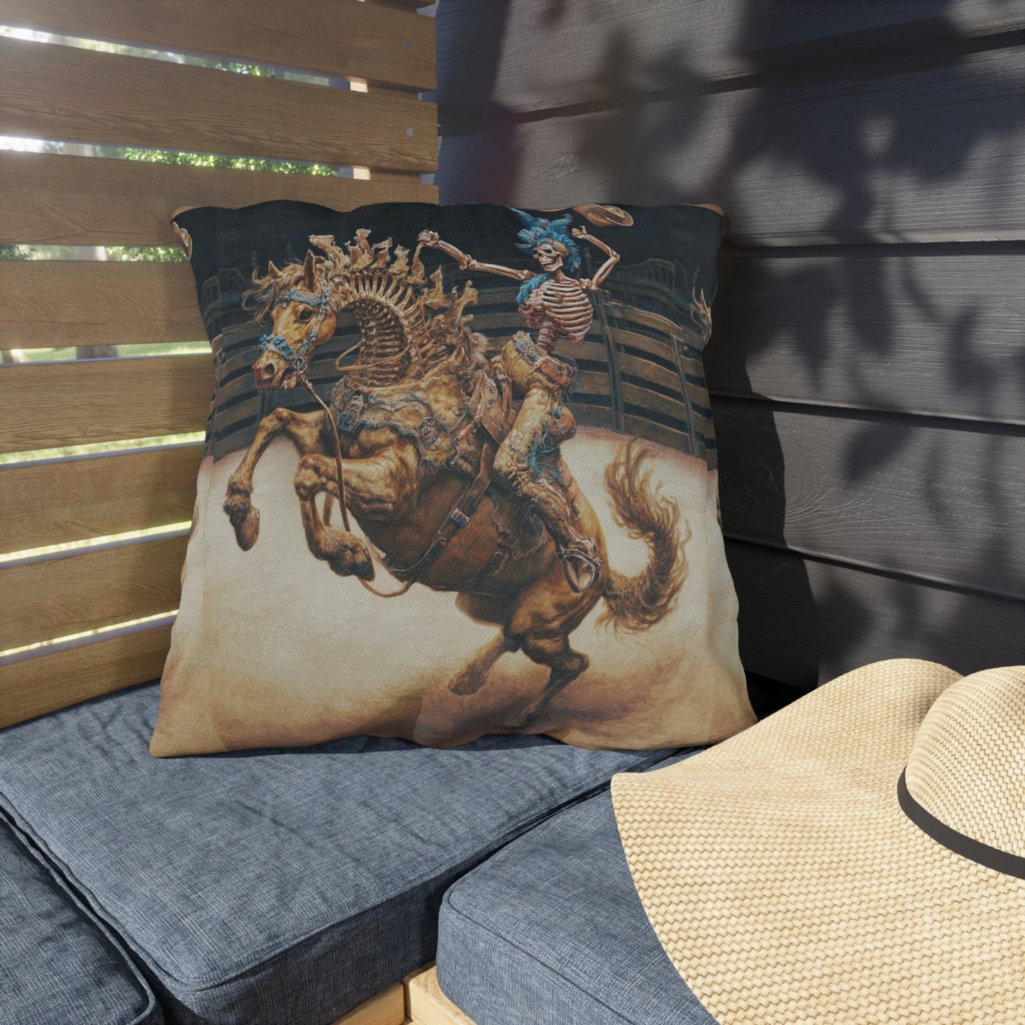 Skeleton Bucking Horse Cowboy Outdoor Pillow | Western Skull Rodeo Throw Pillow