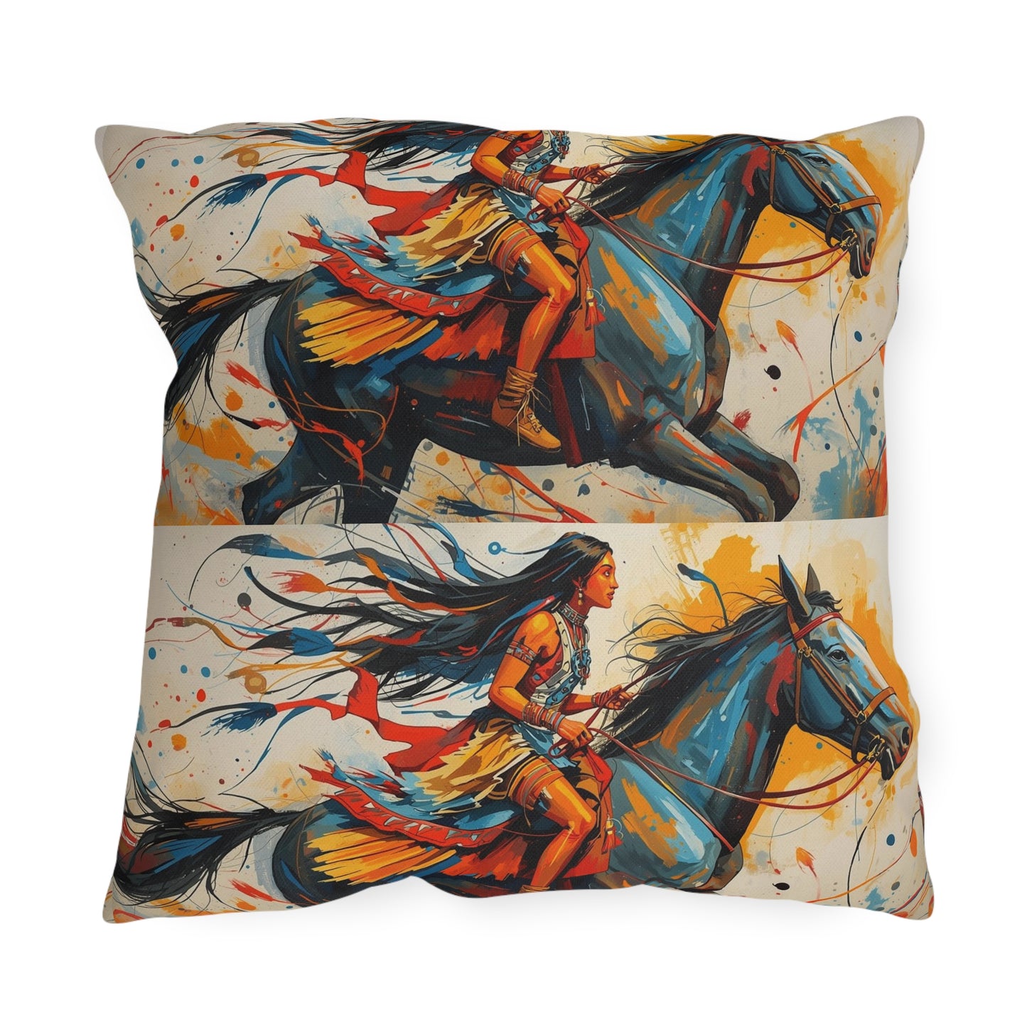 American Native Warrior Horse Outdoor Pillow — Colorful Western Accent Cushion