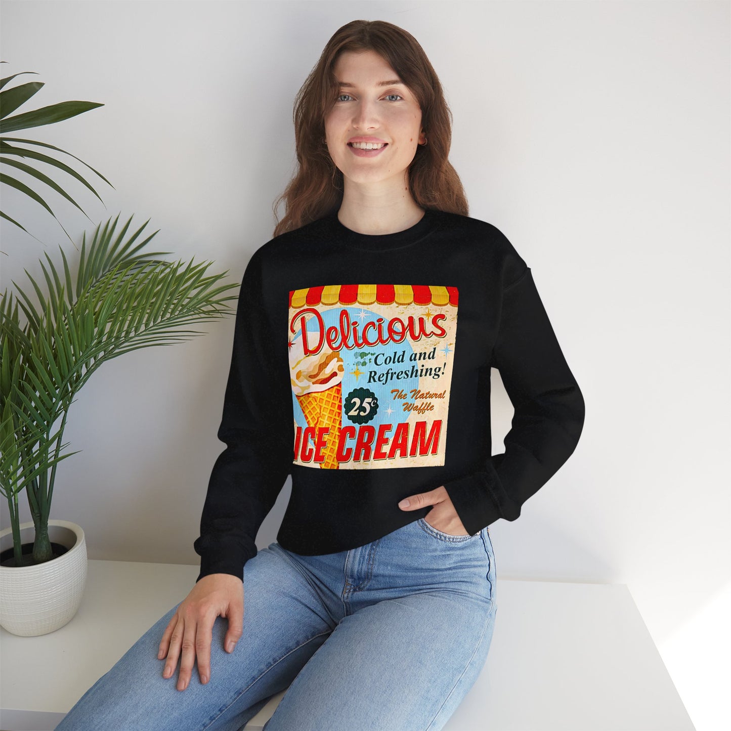 Ice Cream Vintage Sign Crewneck Sweatshirt — "Delicious Ice Cream 25" Retro Graphic
