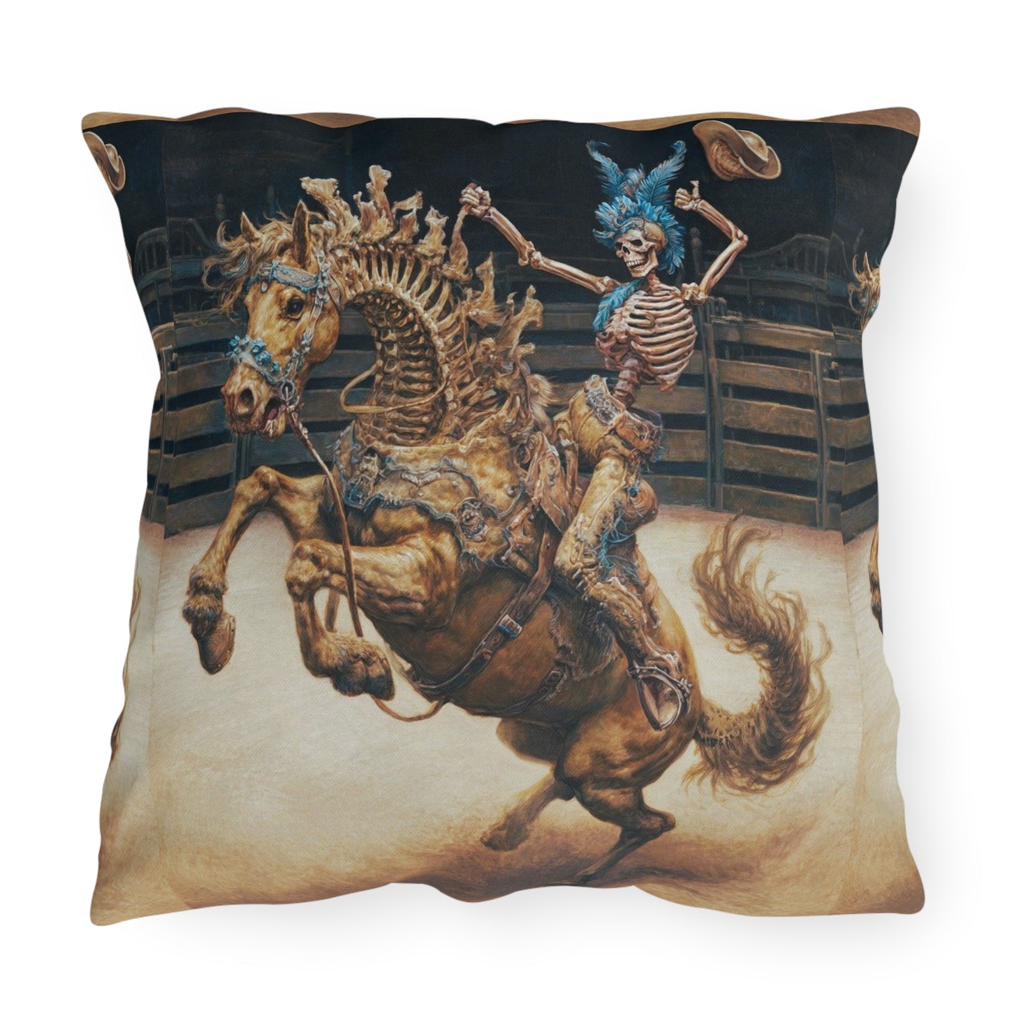 Skeleton Bucking Horse Cowboy Outdoor Pillow | Western Skull Rodeo Throw Pillow