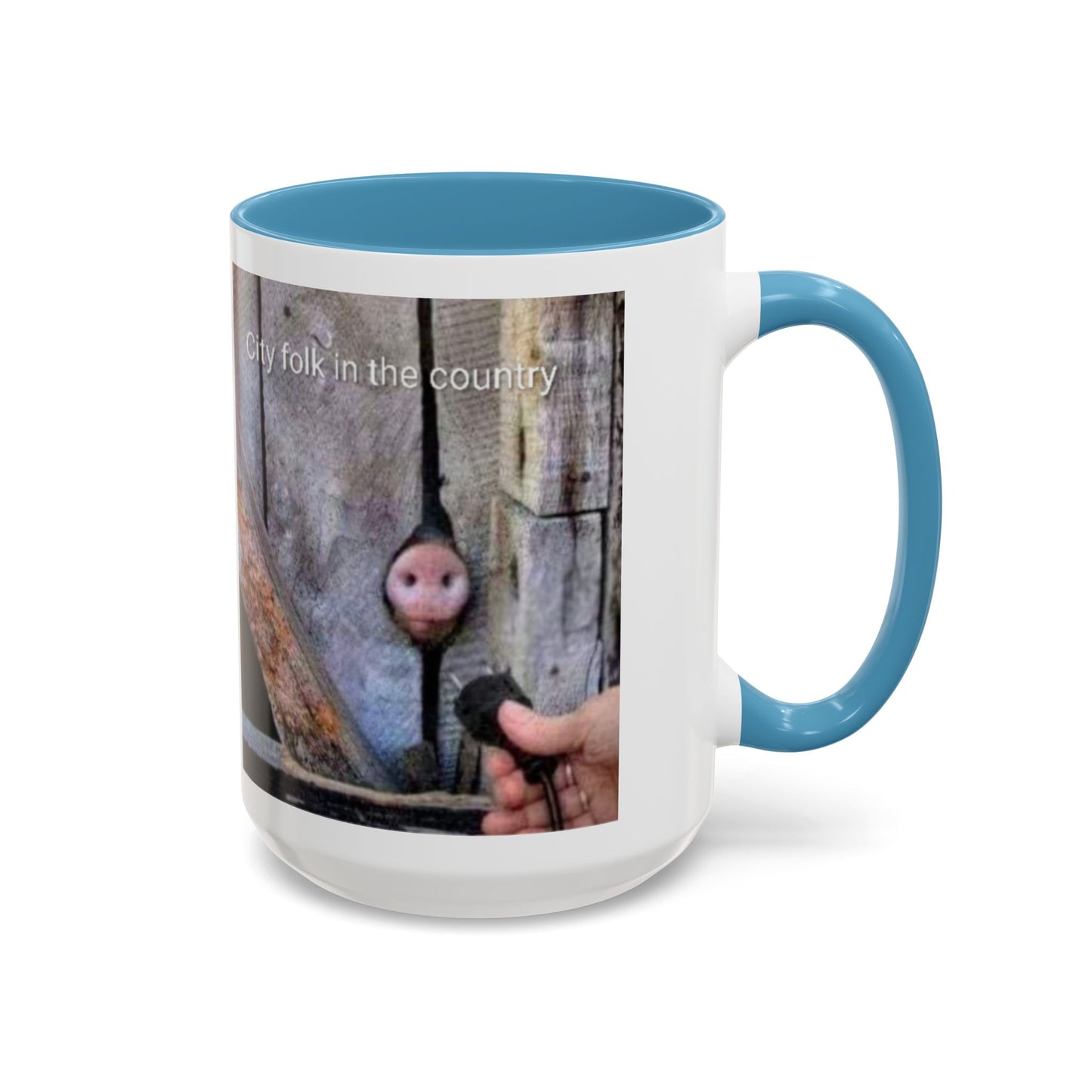 Accent Coffee Mug — “City folk in the country” Rustic Wooden Door Art Mug