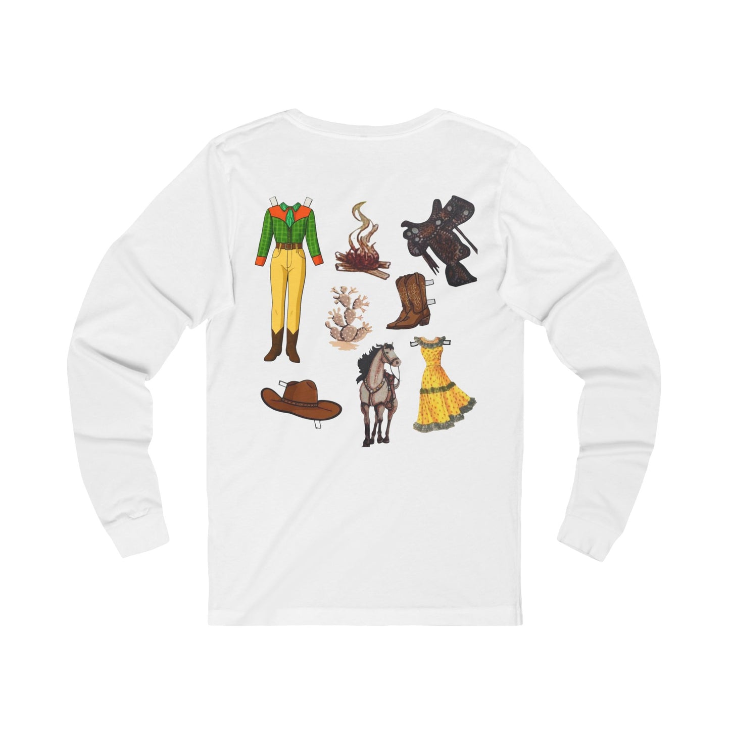 Dude Ranch Paper Doll Cut Out Vintage Western Long Sleeve Tee — Retro Cowboy Paper Doll Design