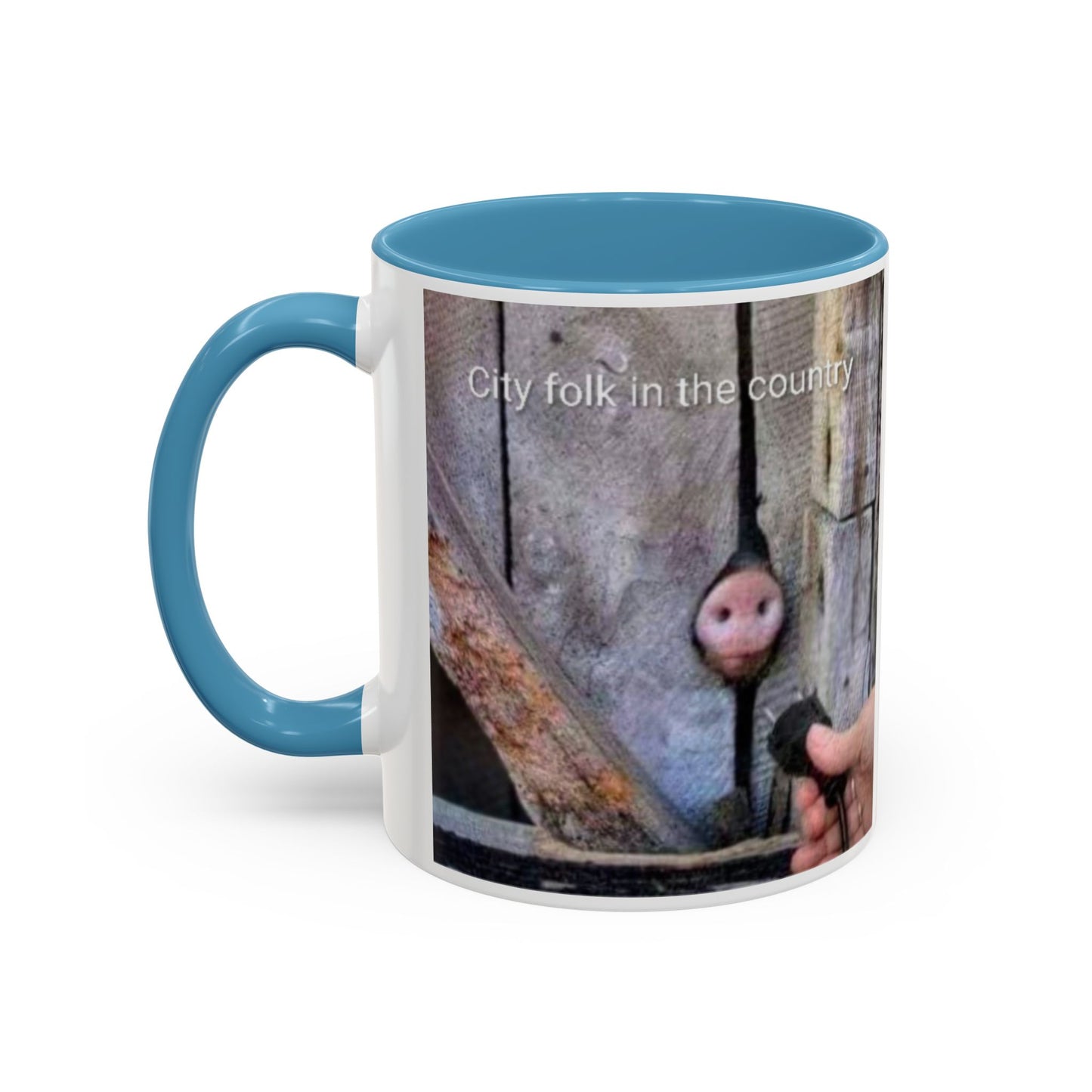 Accent Coffee Mug — “City folk in the country” Rustic Wooden Door Art Mug