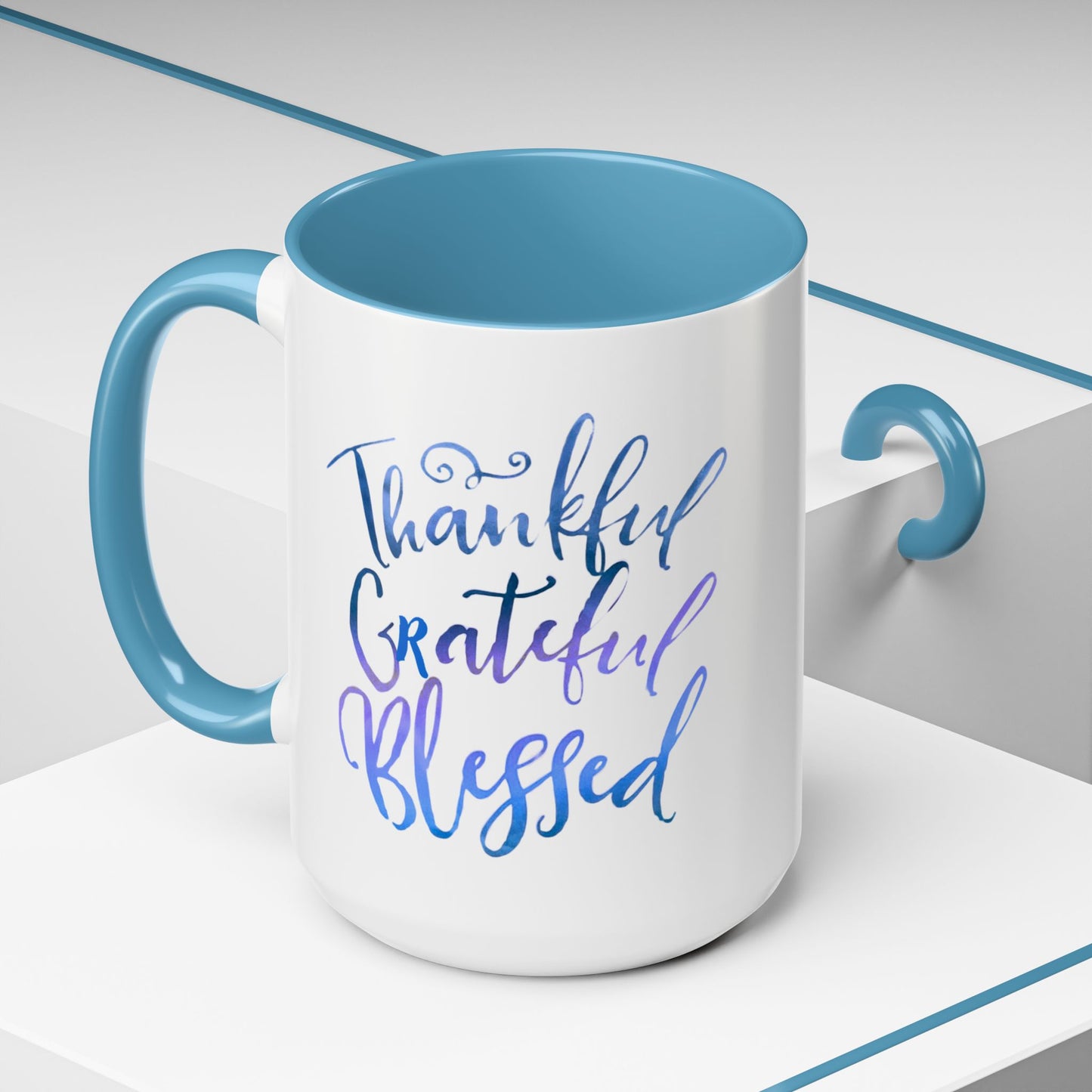Thankful Grateful Blessed Accent Coffee Mug — Inspirational Ceramic Cup (11/15oz)