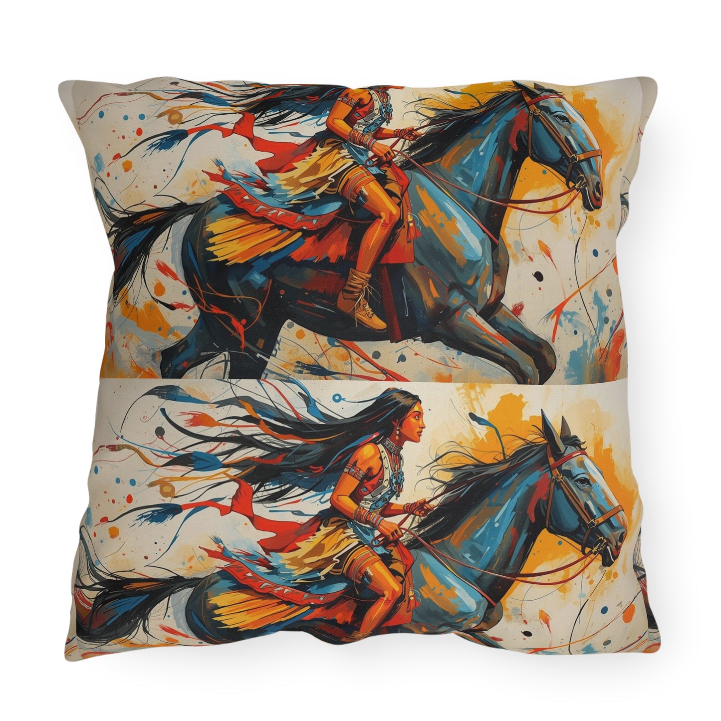 American Native Warrior Horse Outdoor Pillow — Colorful Western Accent Cushion