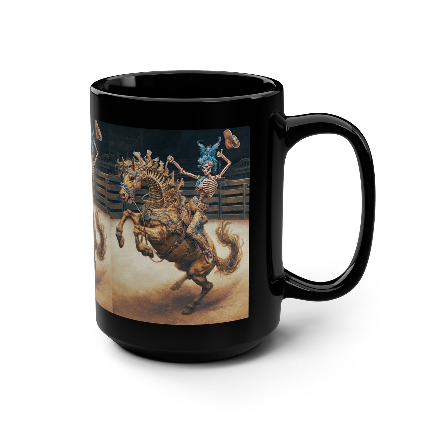 Skeleton Rodeo Bucking Horse Cowboy Mug — 15oz Black Ceramic Coffee Cup